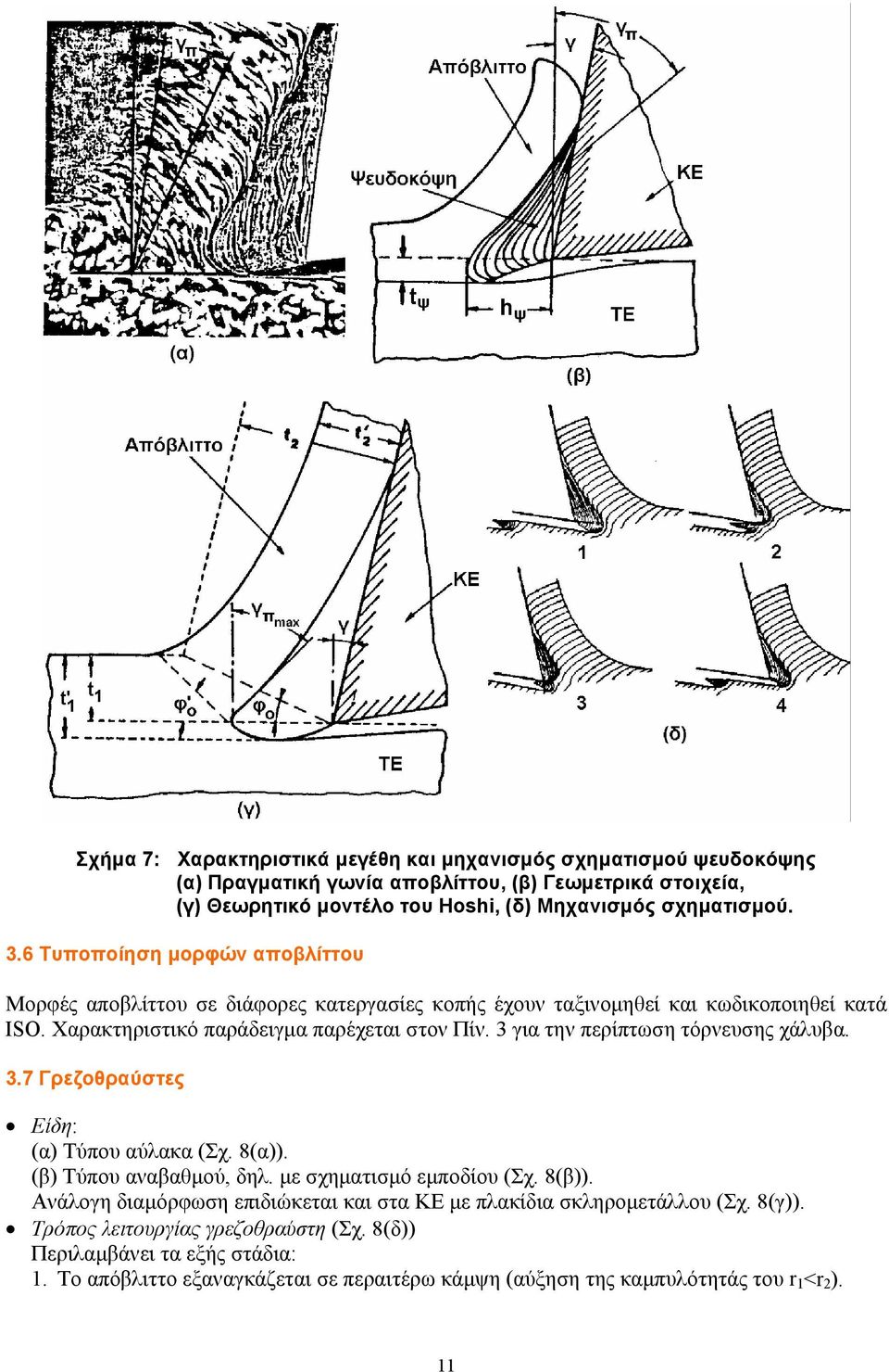 3 για την περίπτωση τόρνευσης χάλυβα. 3.7 Γρεζοθραύστες Είδη: (α) Τύπου αύλακα (Σχ. 8(α)). (β) Τύπου αναβαθµού, δηλ. µε σχηµατισµό εµποδίου (Σχ. 8(β)).