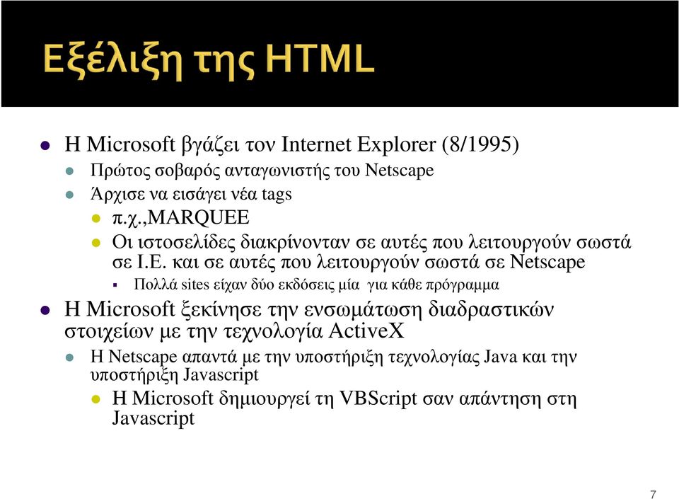 και σε αυτές που λειτουργούν σωστά σε Netscape Πολλά sites είχαν δύο εκδόσεις µία για κάθε πρόγραµµα H Microsoft ξεκίνησε την