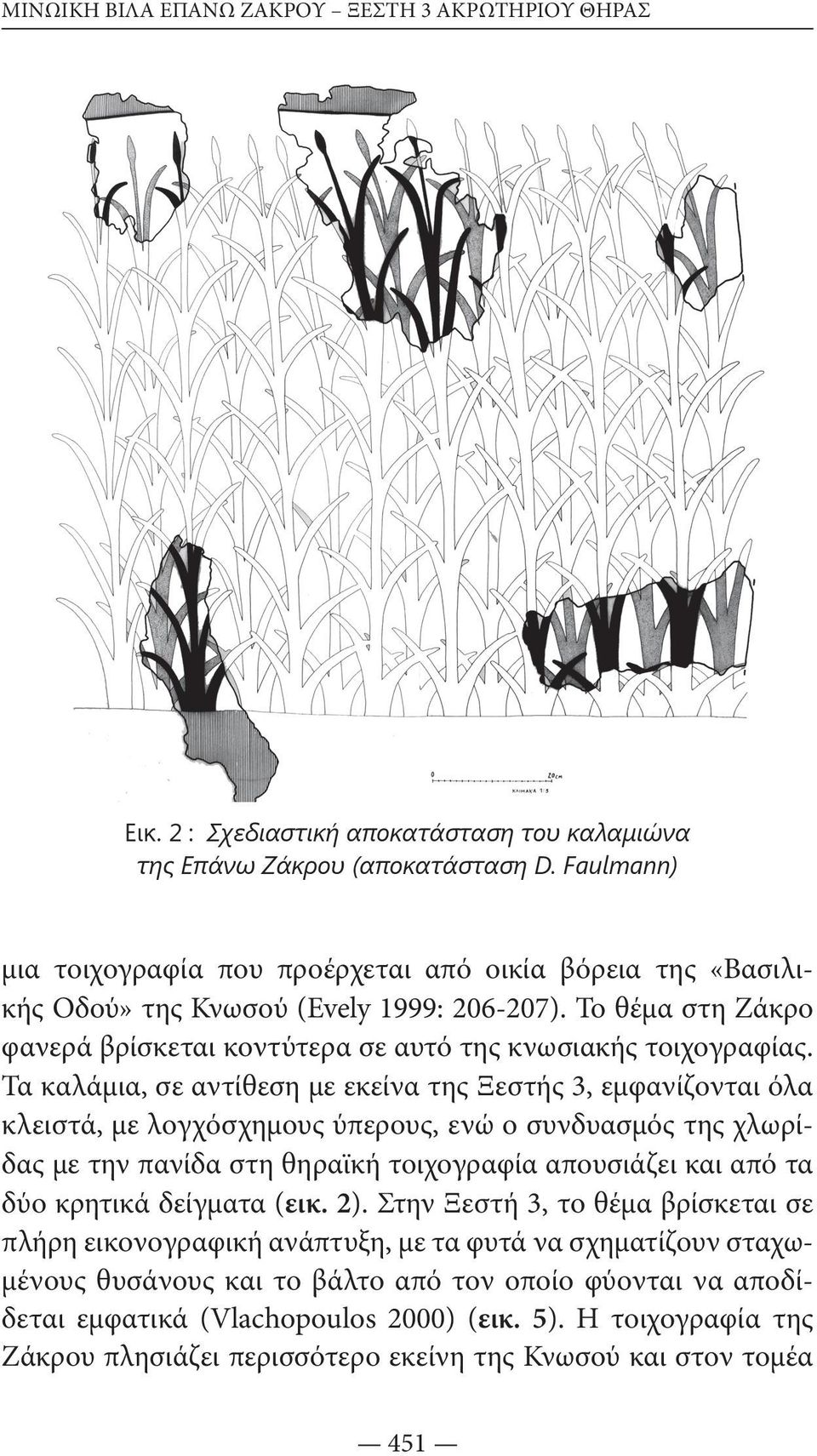 Τα καλάμια, σε αντίθεση με εκείνα της Ξεστής 3, εμφανίζονται όλα κλειστά, με λογχόσχημους ύπερους, ενώ ο συνδυασμός της χλωρίδας με την πανίδα στη θηραϊκή τοιχογραφία απουσιάζει και από τα δύο