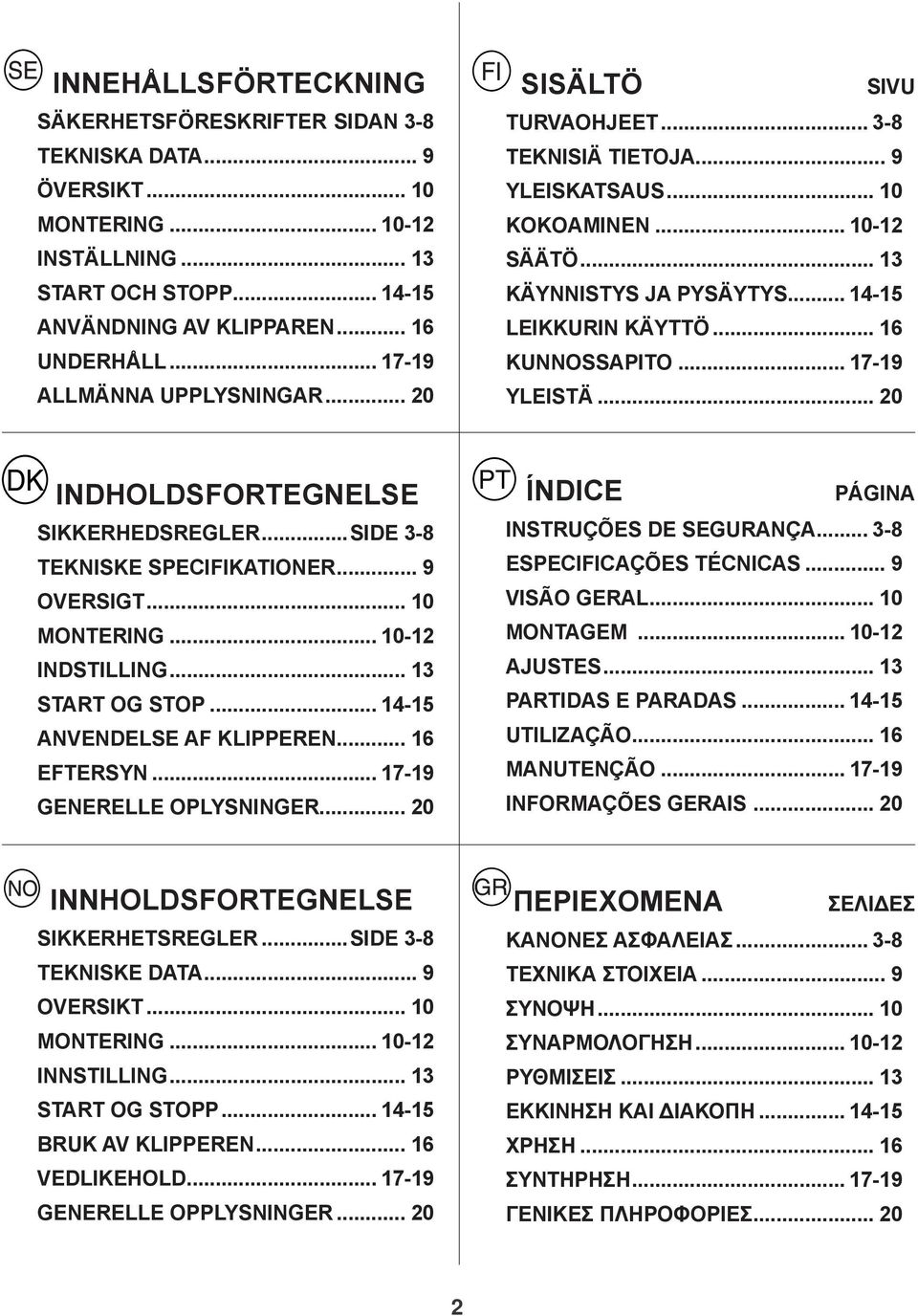 .. 16 KUNNOSSAPITO... 17-19 YLEISTÄ... 20 INDHOLDSFORTEGNELSE SIKKERHEDSREGLER...SIDE 3-8 TEKNISKE SPECIFIKATIONER... 9 OVERSIGT... 10 MONTERING... 10-12 INDSTILLING... 13 START OG STOP.