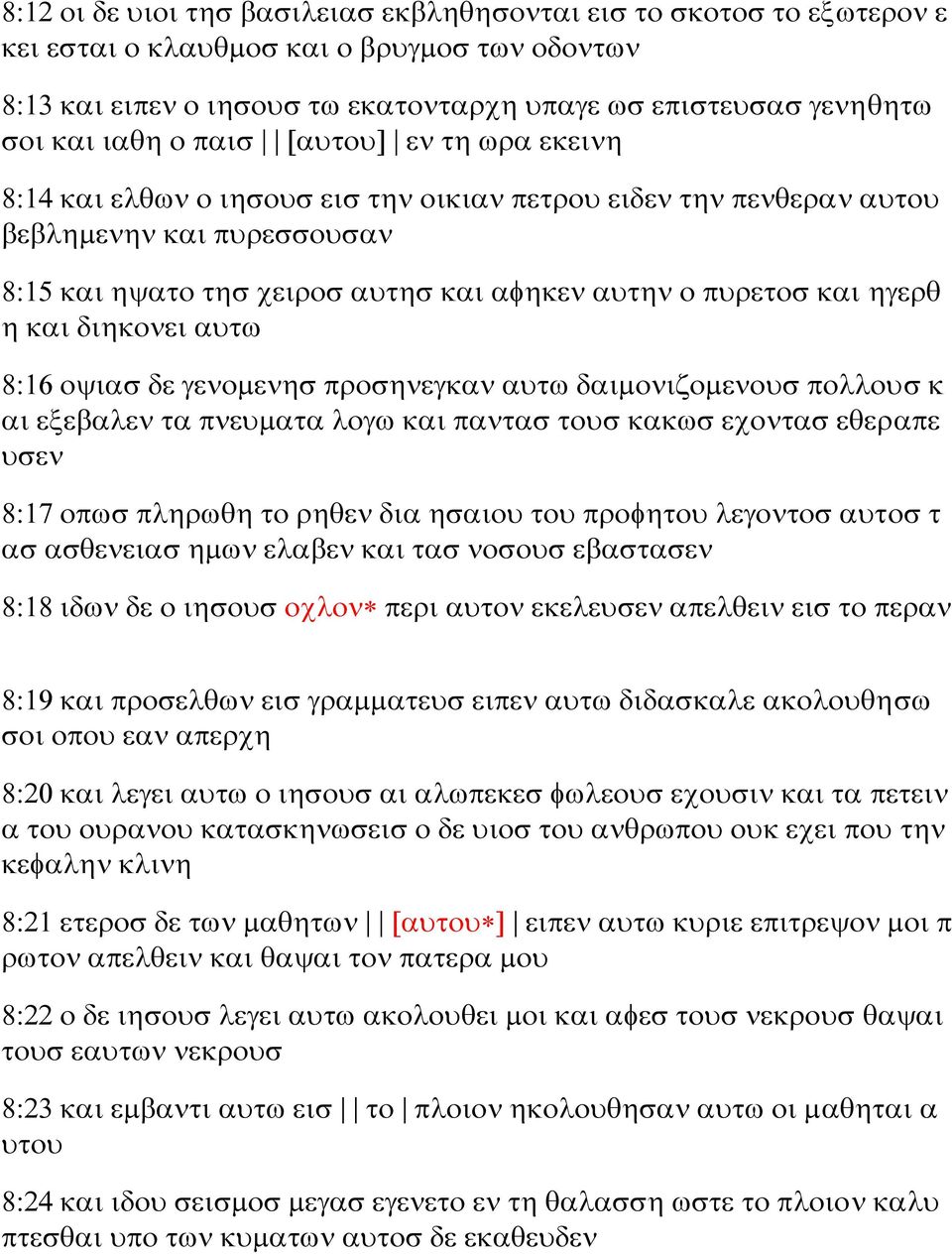 η και διηκονει αυτω 8:16 οψιασ δε γενομενησ προσηνεγκαν αυτω δαιμονιζομενουσ πολλουσ κ αι εξεβαλεν τα πνευματα λογω και παντασ τουσ κακωσ εχοντασ εθεραπε υσεν 8:17 οπωσ πληρωθη το ρηθεν δια ησαιου