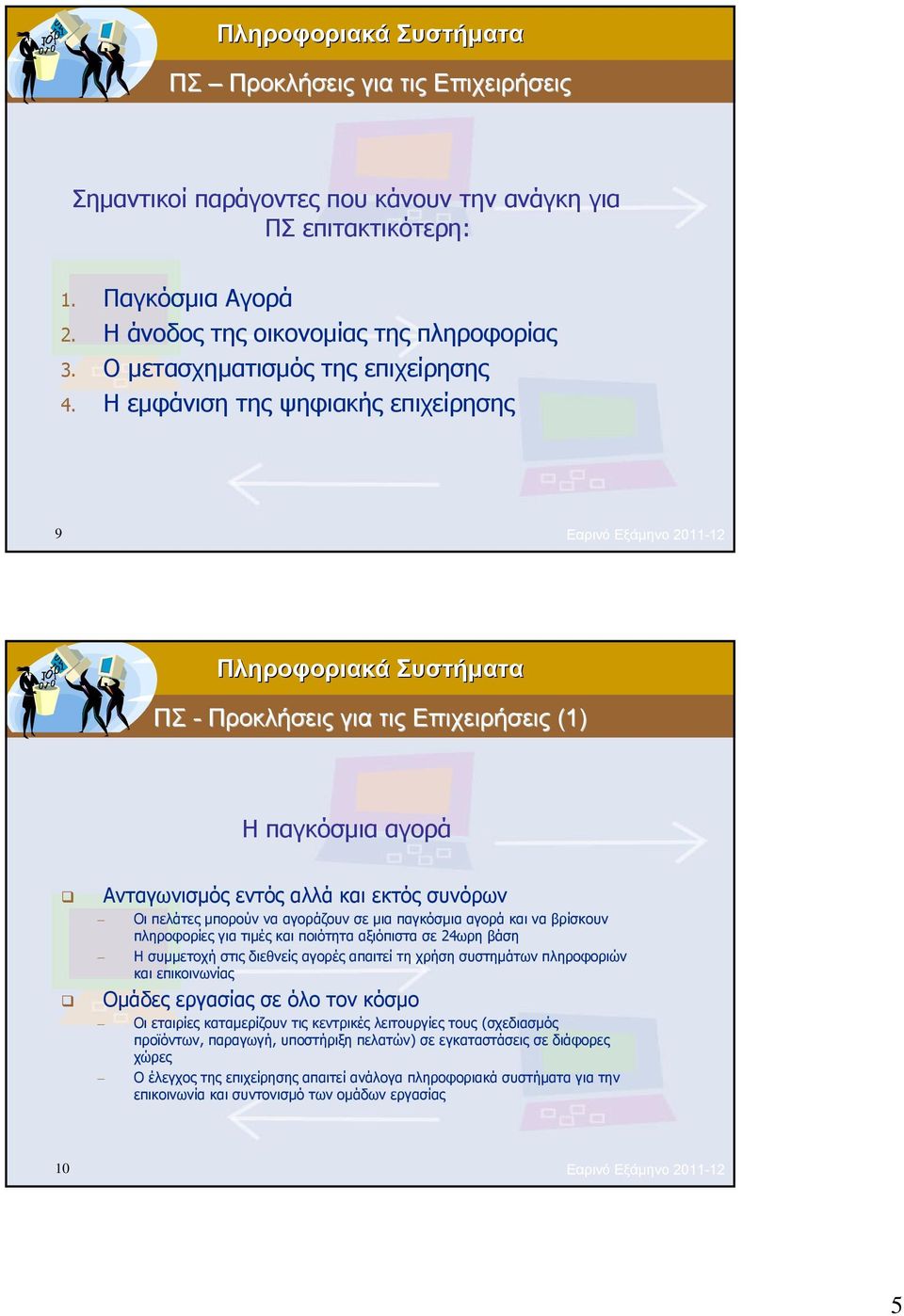 Η εμφάνιση της ψηφιακής επιχείρησης 9 Εαρινό Εξάμηνο 2011-12 ΠΣ - Προκλήσεις για τις Επιχειρήσεις (1) Η παγκόσμια αγορά Ανταγωνισμός εντός αλλά και εκτός συνόρων Οι πελάτες μπορούν να αγοράζουν σε