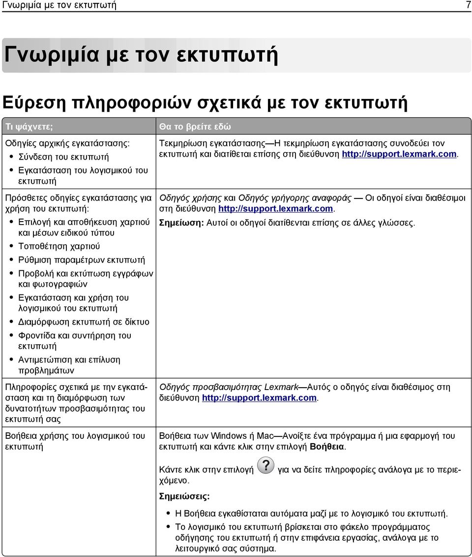 φωτογραφιών Εγκατάσταση και χρήση του λογισμικού του εκτυπωτή Διαμόρφωση εκτυπωτή σε δίκτυο Φροντίδα και συντήρηση του εκτυπωτή Αντιμετώπιση και επίλυση προβλημάτων Πληροφορίες σχετικά με την