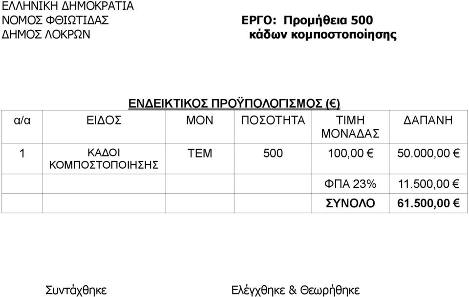 ΠΟΣΟΤΗΤΑ ΤΙΜΗ ΜΟΝΑΔΑΣ 1 ΚΑΔΟΙ ΚΟΜΠΟΣΤΟΠΟΙΗΣΗΣ ΔΑΠΑΝΗ ΤΕΜ 500 100,00