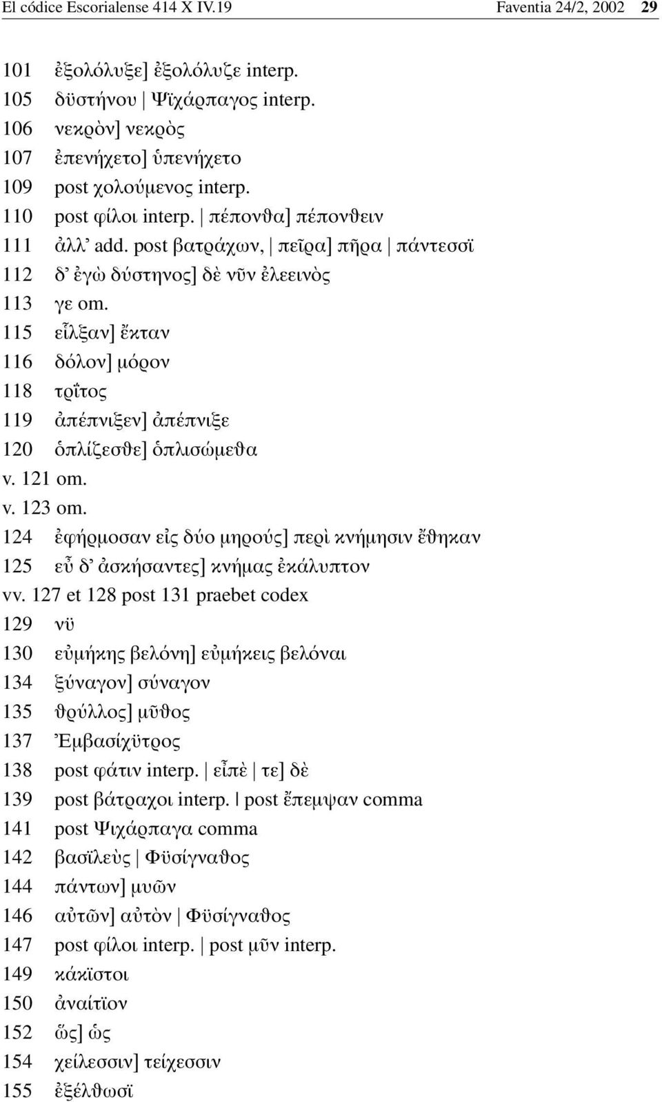 115 ε λξαν] κταν 116 δ λον] µ ρον 118 τρ τος 119 πέπνιξεν] πέπνιξε 120 πλίζεσ ε] πλισώµε α v. 121 om. v. 123 om. 124 φήρµοσαν ε ς δ ο µηρο ς] περ κνήµησιν ηκαν 125 ε δ σκήσαντες] κνήµας κάλυπτον vv.