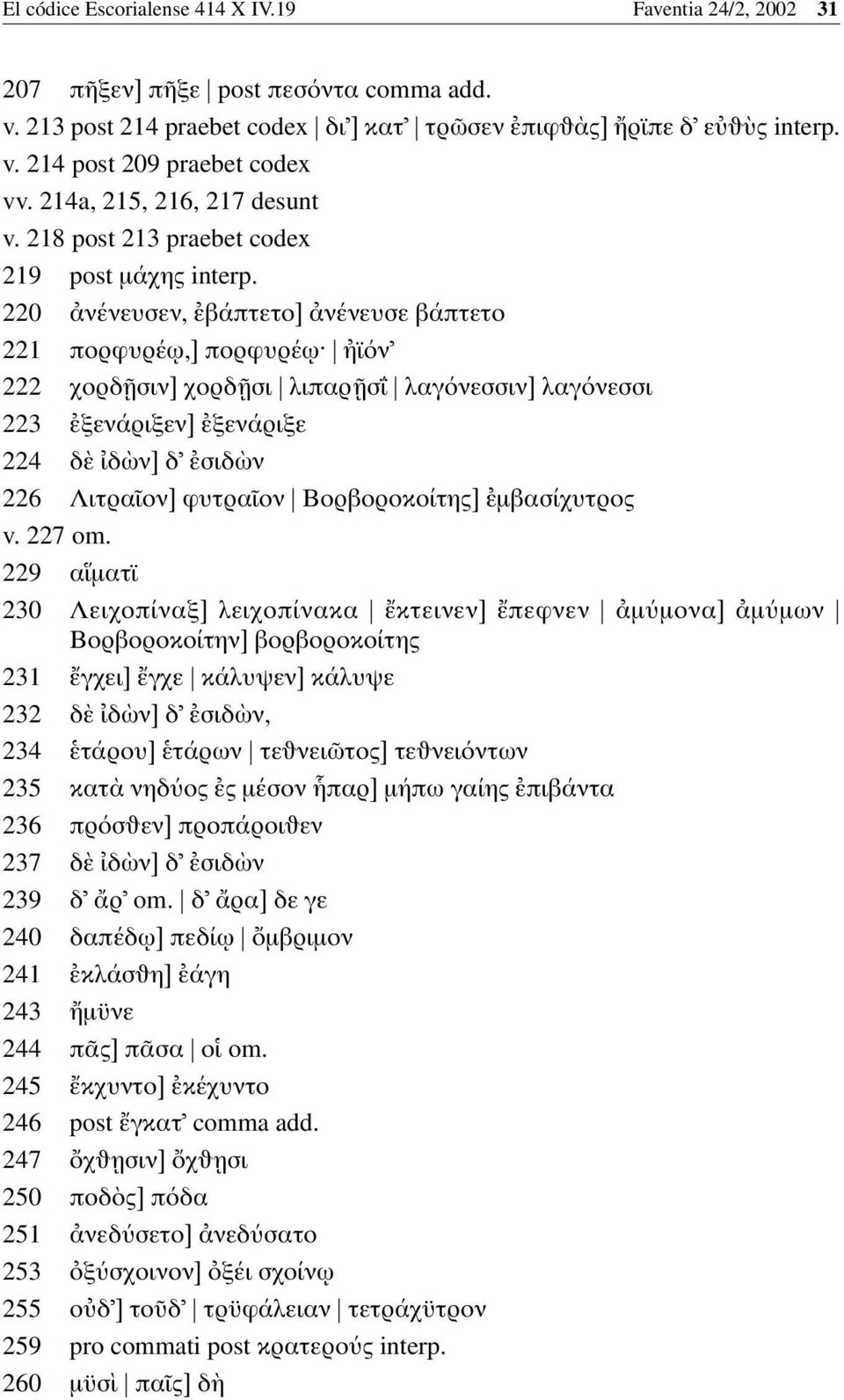 220 νένευσεν, βάπτετο] νένευσε βάπτετο 221 πορφυρέ ω,] πορφυρέ ω ϊ ν 222 χορδ σιν] χορδ σι λιπαρ σ λαγ νεσσιν] λαγ νεσσι 223 ξενάριξεν] ξενάριξε 224 δ δ ν] δ σιδ ν 226 Λιτρα ον] φυτρα ον