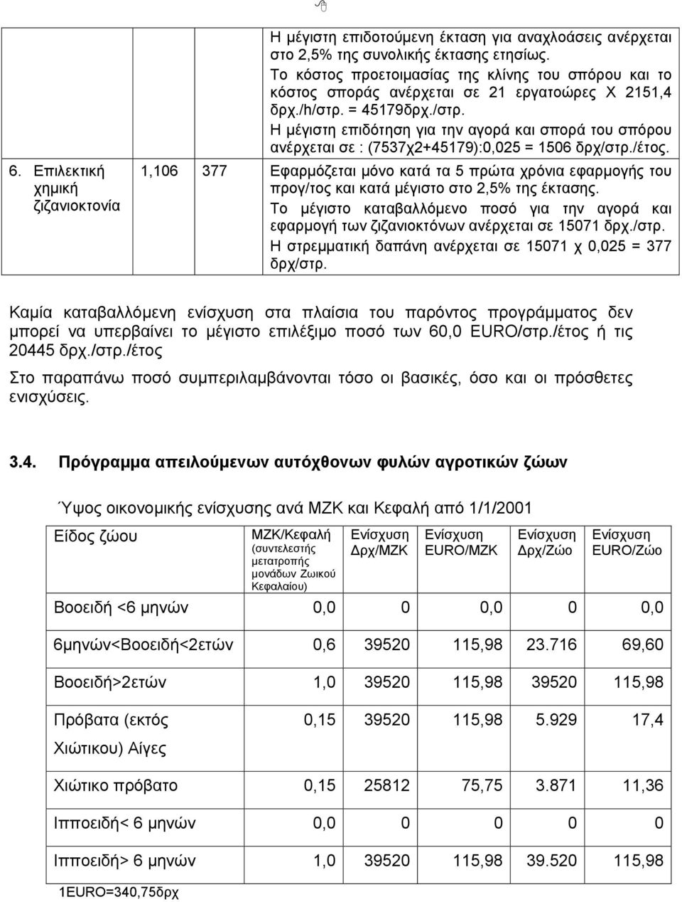 = 45179δρχ./στρ. Η µέγιστη επιδότηση για την αγορά και σπορά του σπόρου ανέρχεται σε : (7537χ2+45179):0,025 = 1506 δρχ/στρ./έτος.