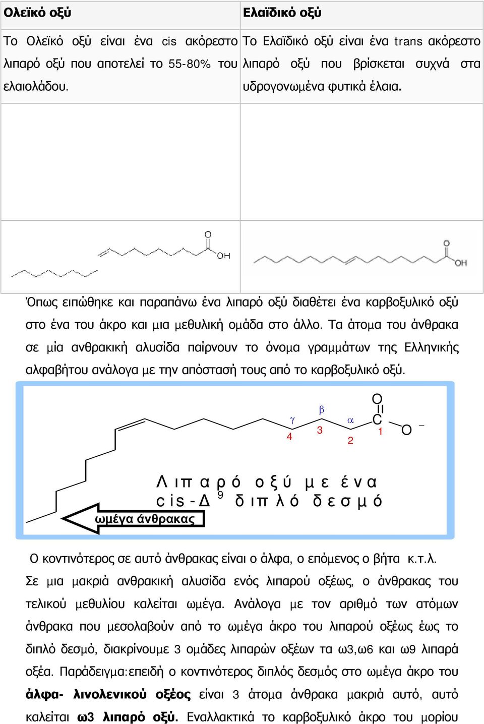 Όπως ειπώθηκε και παραπάνω ένα λιπαρό οξύ διαθέτει ένα καρβοξυλικό οξύ στο ένα του άκρο και µια µεθυλική οµάδα στο άλλο.