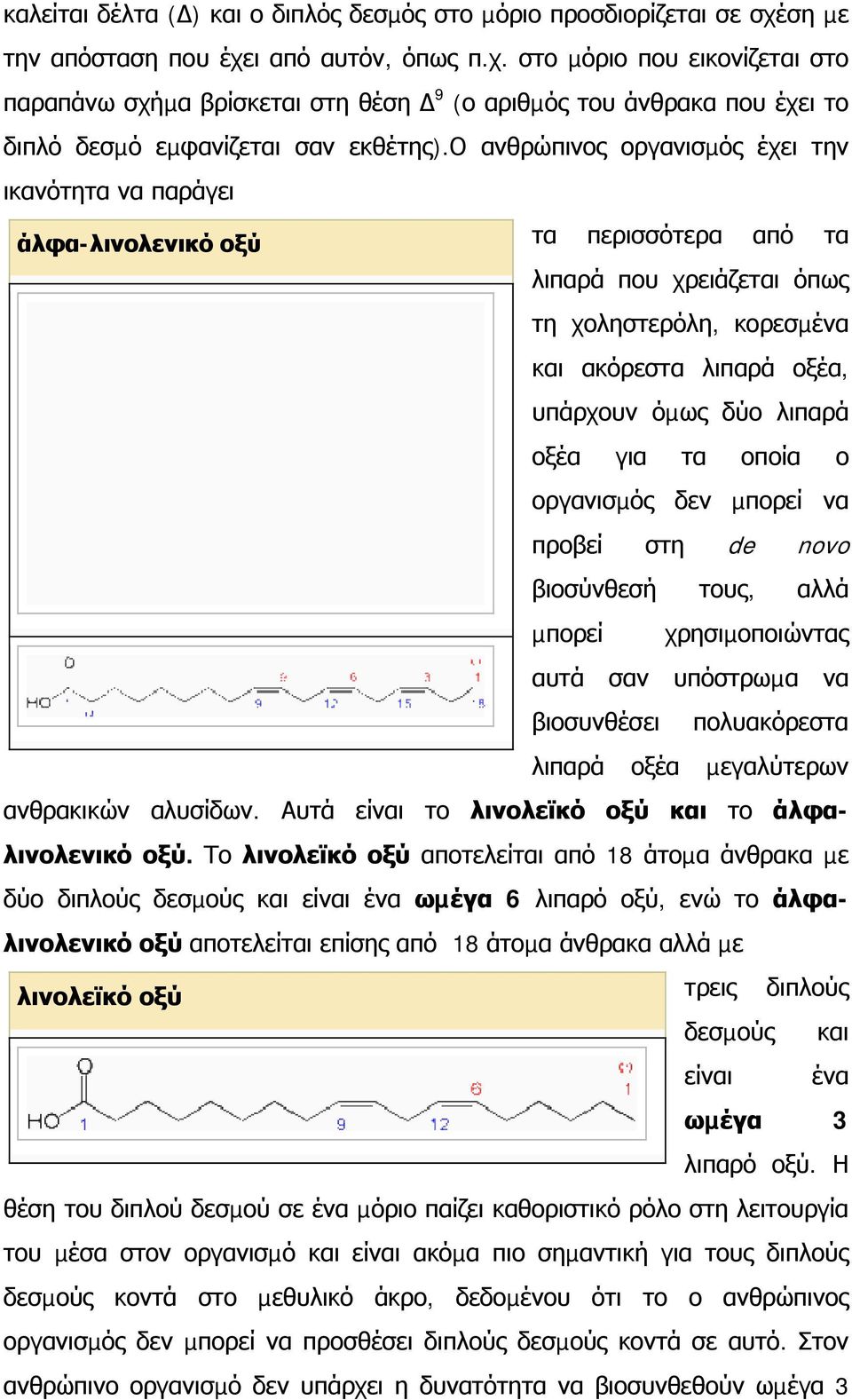 ο ανθρώπινος οργανισµός έχει την ικανότητα να παράγει άλφα-λινολενικό οξύ τα περισσότερα από τα λιπαρά που χρειάζεται όπως τη χοληστερόλη, κορεσµένα και ακόρεστα λιπαρά οξέα, υπάρχουν όµως δύο λιπαρά