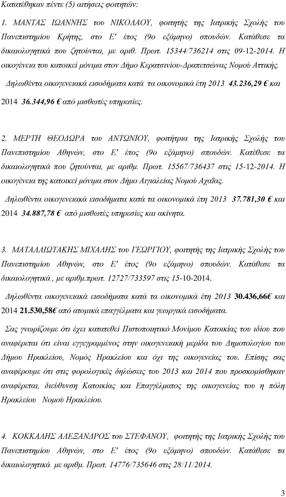 Δηλωθέντα οικογενειακά εισοδήματα κατά τα οικονομικά έτη 2013 43.236,29 και 2014 36.344,96 από μισθωτές υπηρεσίες. 2. ΜΕΡΤΗ ΘΕΟΔΩΡΑ του ΑΝΤΩΝΙΟΥ, φοιτήτρια της Ιατρικής Σχολής του Πανεπιστημίου Αθηνών, στο Ε' έτος (9ο εξάμηνο) σπουδών.