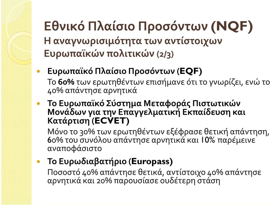 Επαγγελματική Εκπαίδευση και Κατάρτιση (ECVET) Μόνο το 30% των ερωτηθέντων εξέφρασε θετική απάντηση, 60% του συνόλου απάντησε αρνητικά και