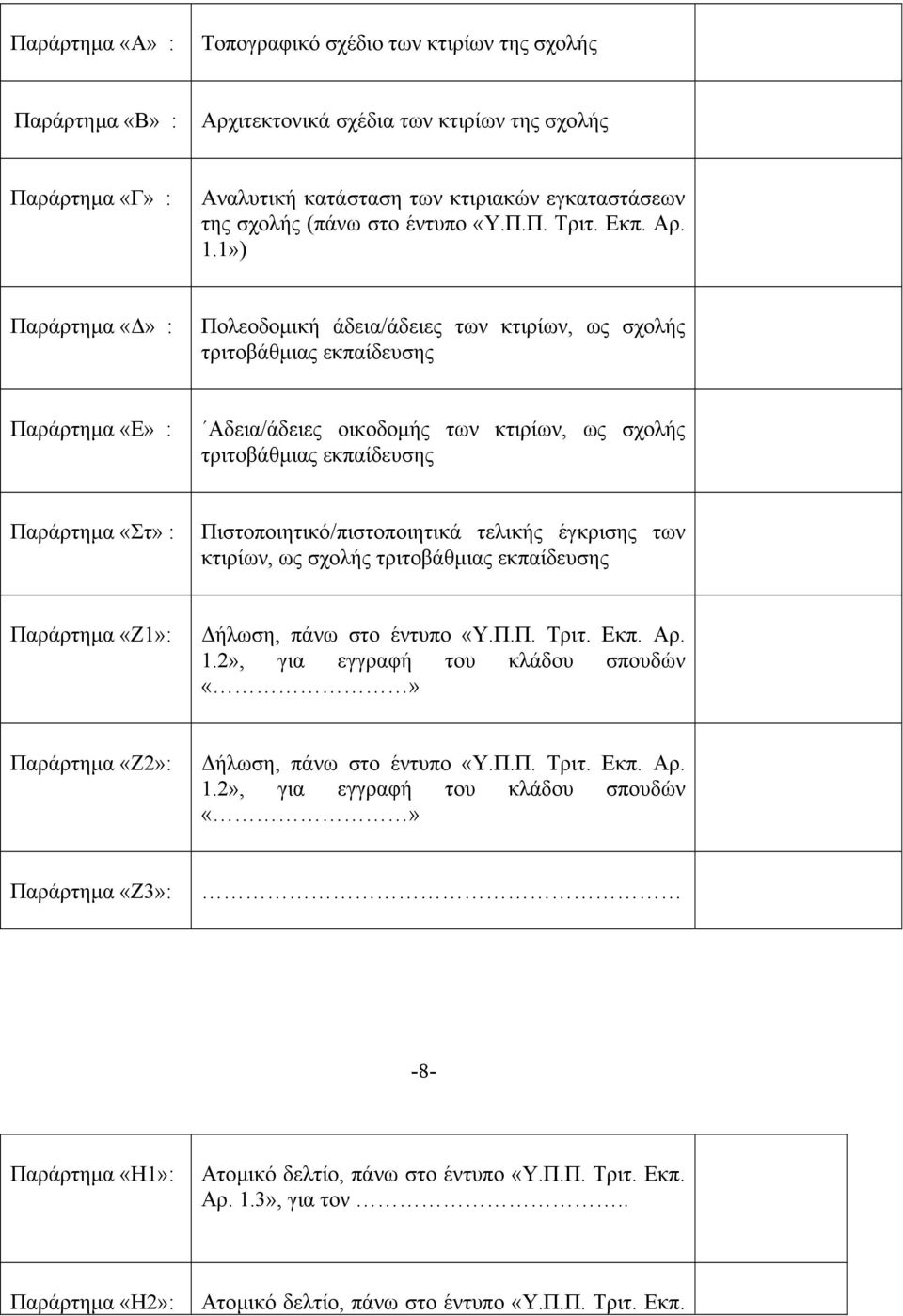 1») Παράρτηµα : Πολεοδοµική άδεια/άδειες των κτιρίων, ως σχολής τριτοβάθµιας εκπαίδευσης Παράρτηµα «Ε» : Αδεια/άδειες οικοδοµής των κτιρίων, ως σχολής τριτοβάθµιας εκπαίδευσης Παράρτηµα «Στ» :