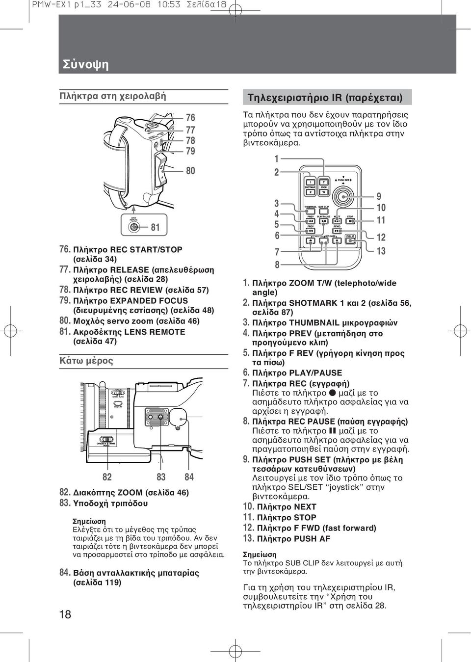 Πλήκτρο EXPANDED FOCUS (διευρυμένης εστίασης) (σελίδα 48) 80. Μοχλός servo zoom (σελίδα 46) 81. Ακροδέκτης LENS REMOTE (σελίδα 47) Κάτω μέρος 82 83 84 82. Διακόπτης ZOOM (σελίδα 46) 83.