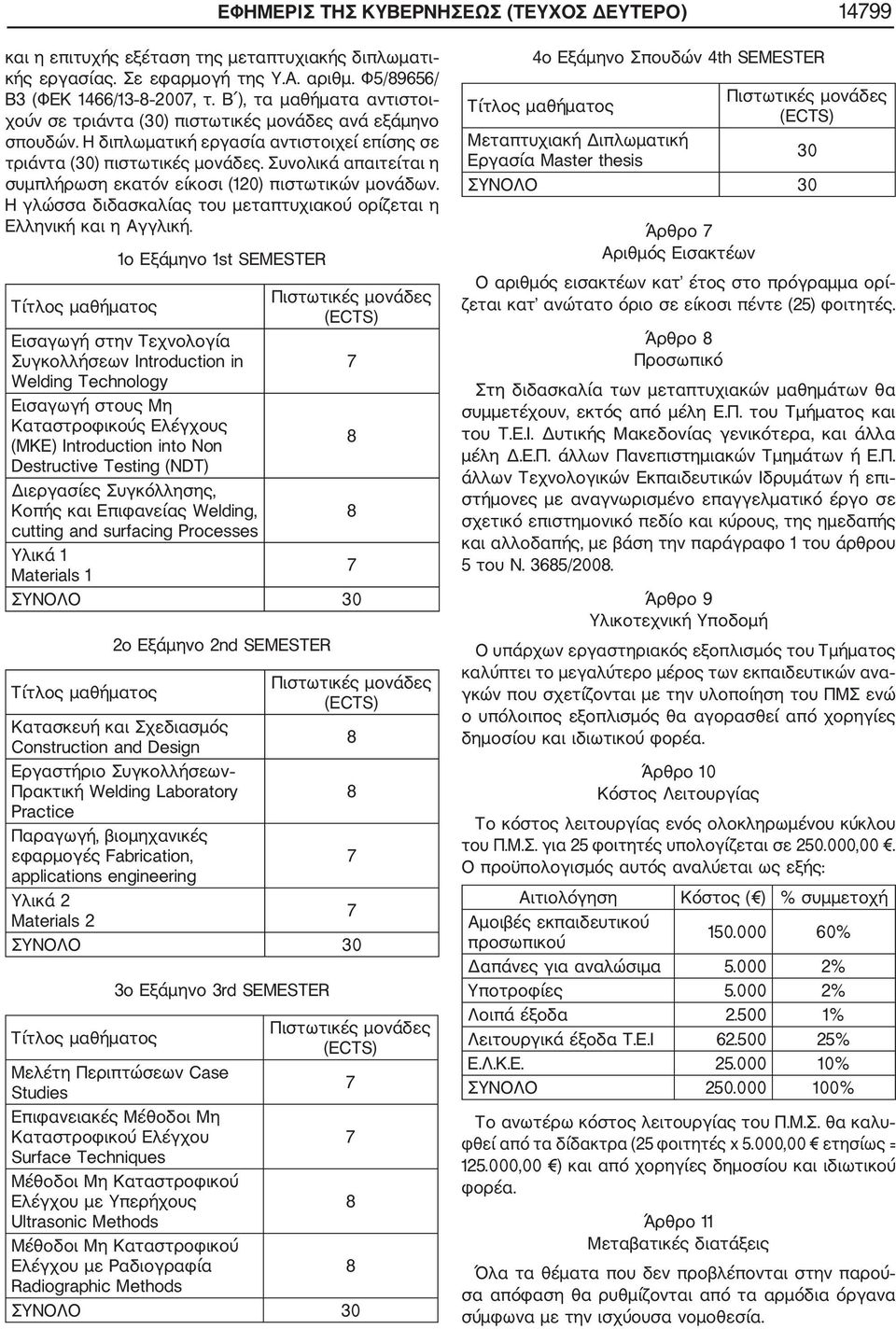 Συνολικά απαιτείται η συμπλήρωση εκατόν είκοσι (120) πιστωτικών μονάδων. Η γλώσσα διδασκαλίας του μεταπτυχιακού ορίζεται η Ελληνική και η Αγγλική.