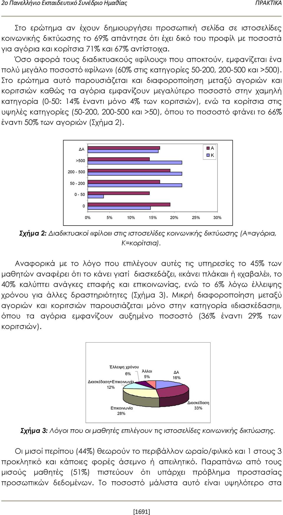 Στο ερώτημα αυτό παρουσιάζεται και διαφοροποίηση μεταξύ αγοριών και κοριτσιών καθώς τα αγόρια εμφανίζουν μεγαλύτερο ποσοστό στην χαμηλή κατηγορία (0-50: 14% έναντι μόνο 4% των κοριτσιών), ενώ τα