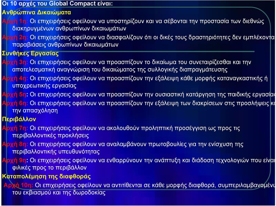 δικαίωμα του συνεταιρίζεσθαι και την αποτελεσματική αναγνώριση του δικαιώματος της συλλογικής διαπραγμάτευσης Αρχή 4η: Οι επιχειρήσεις οφείλουν να προασπίζουν την εξάλειψη κάθε μορφής καταναγκαστικής