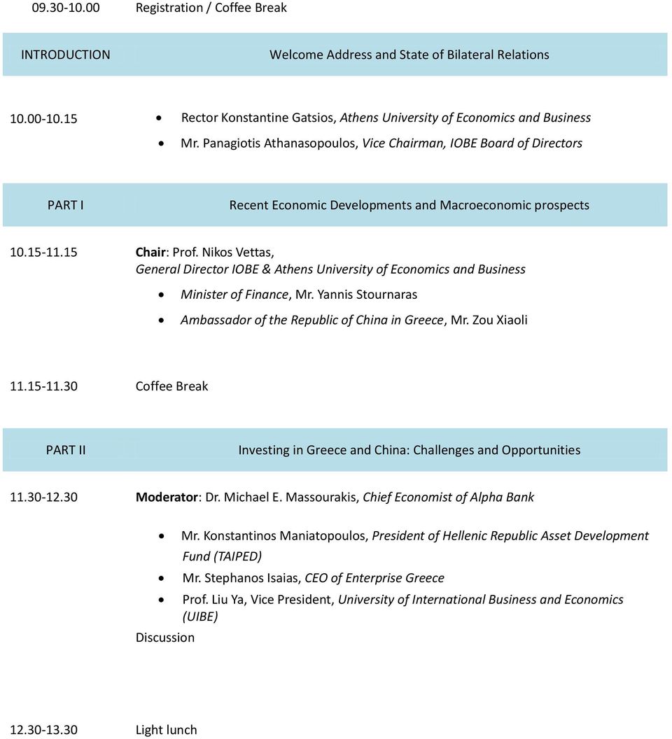 Nikos Vettas, General Director IOBE & Athens University of Economics and Business Minister of Finance, Mr. Yannis Stournaras Ambassador of the Republic of China in Greece, Mr. Zou Xiaoli 11.15-11.