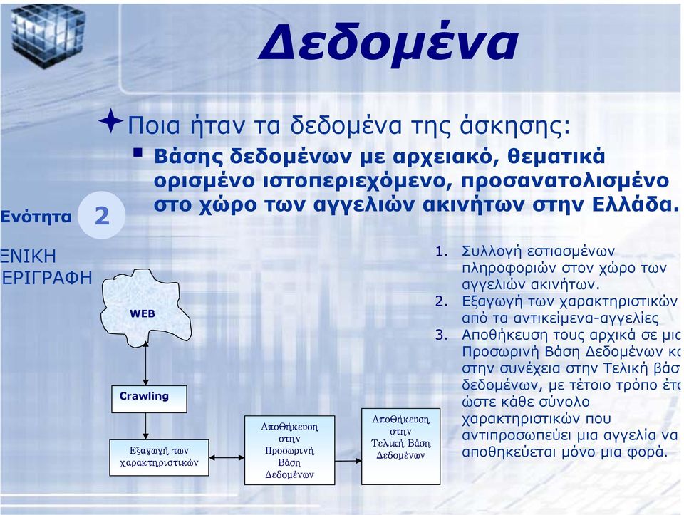 Συλλογή εστιασµένων πληροφοριών στον χώρο των αγγελιών ακινήτων. 2. Εξαγωγή των χαρακτηριστικών από τα αντικείµενα-αγγελίες 3.