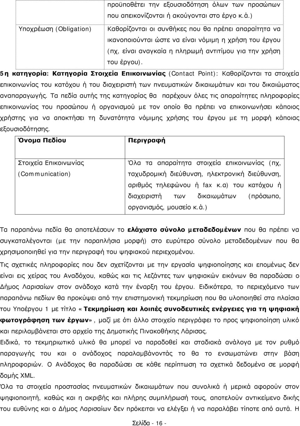 5η κατηγορία: Κατηγορία Στοιχεία Επικοινωνίας (Contact Point): Καθορίζονται τα στοιχεία επικοινωνίας του κατόχου ή του διαχειριστή των πνευματικών δικαιωμάτων και του δικαιώματος αναπαραγωγής.