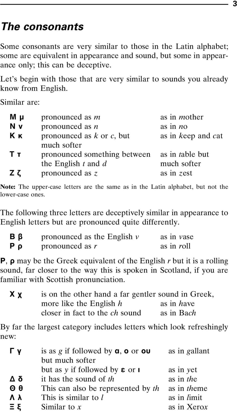 Similar are: M µ pronounced as m as in mother N ν pronounced as n as in no Κ κ pronounced as k or c, but as in keep and cat much softer Τ τ pronounced something between as in table but the English t