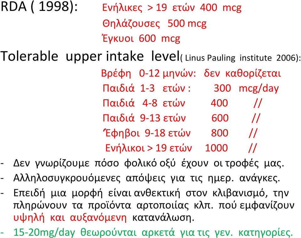 // Δεν γνωρίζουμε πόσο φολικό οξύ έχουν οι τροφές μας. Αλληλοσυγκρουόμενες απόψεις για τις ημερ. ανάγκες.