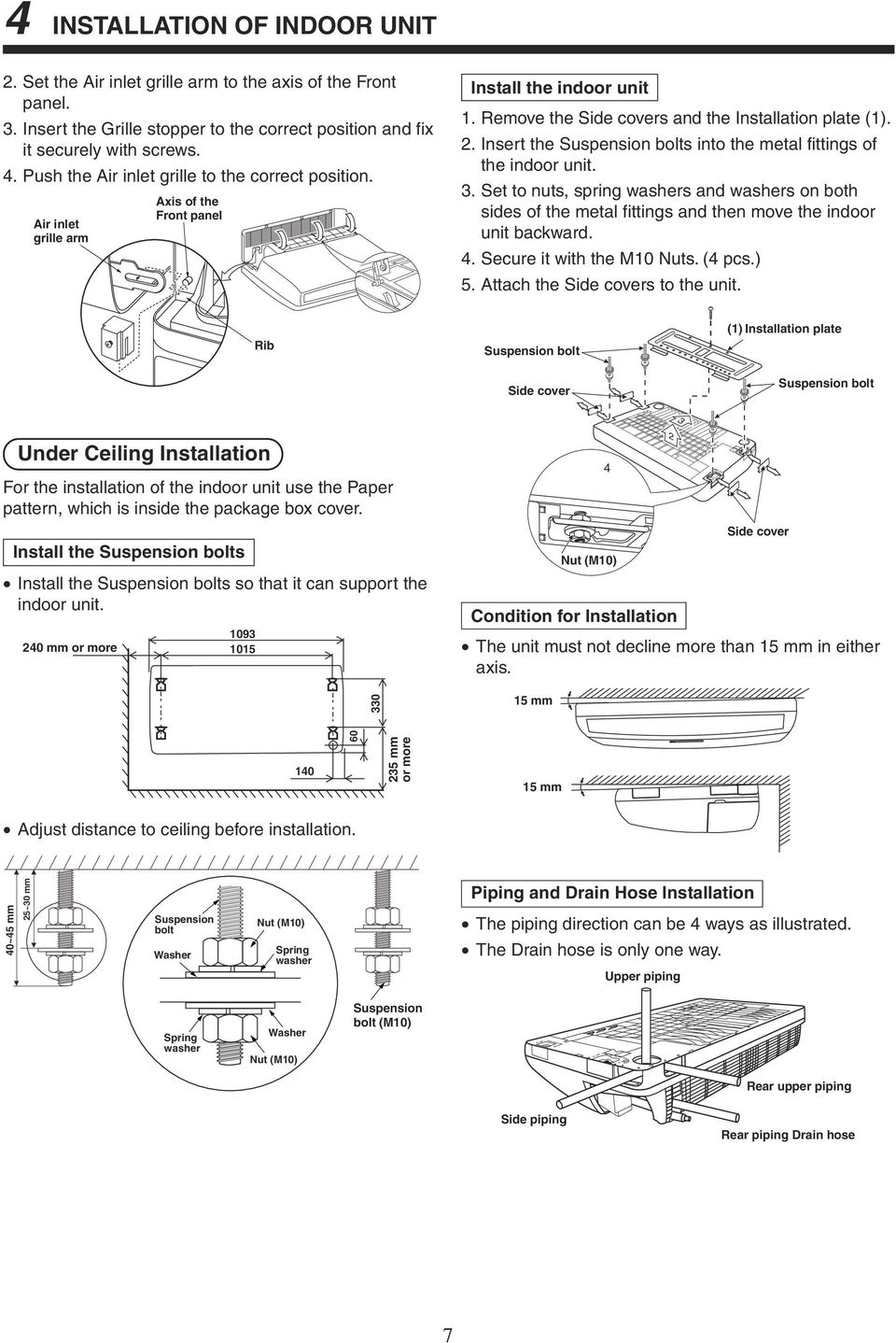 Insert the Suspension bolts into the metal fittings of the indoor unit. 3. Set to nuts, spring washers and washers on both sides of the metal fittings and then move the indoor unit backward. 4.