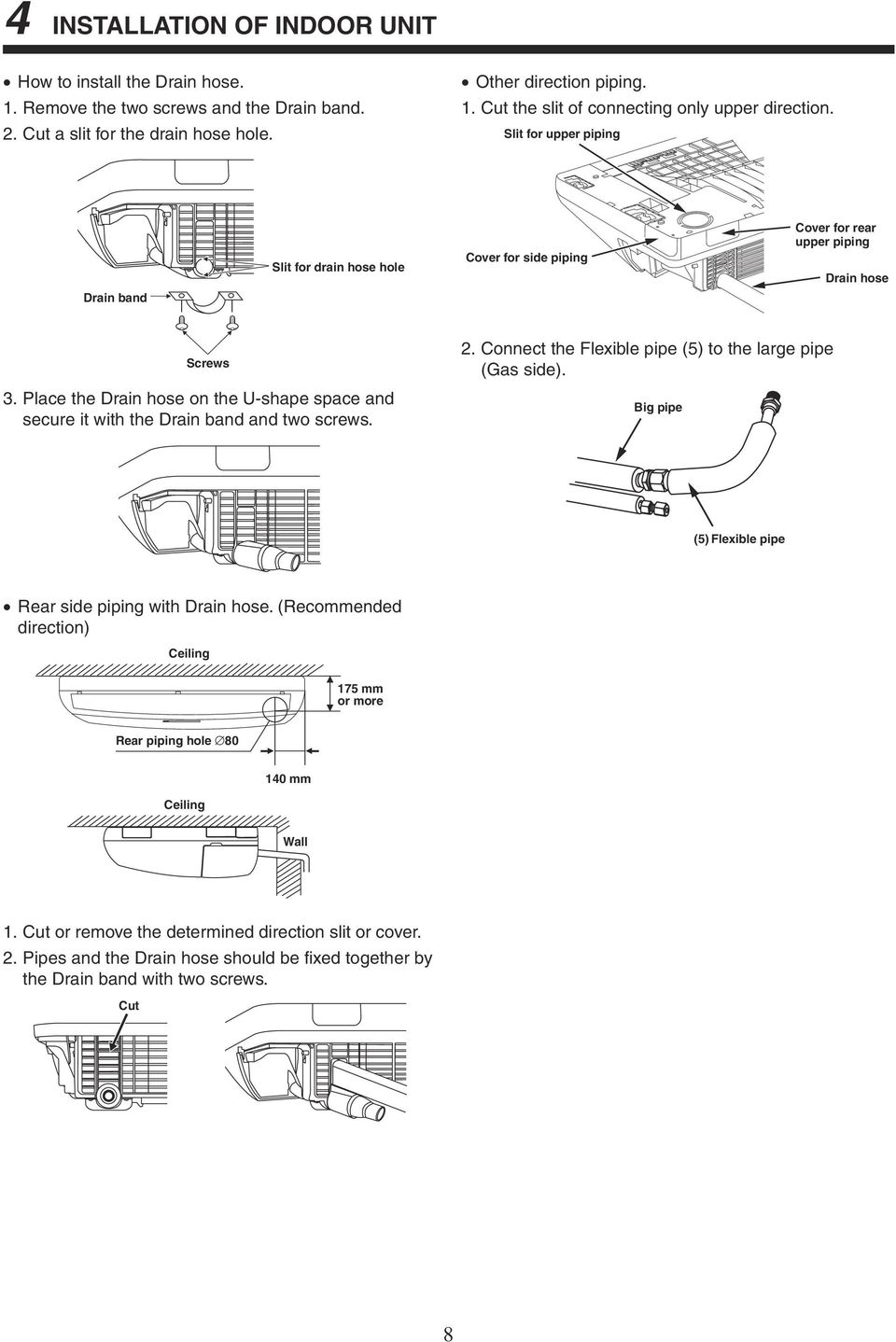 Place the Drain hose on the U-shape space and secure it with the Drain band and two screws. 2. Connect the Flexible pipe (5) to the large pipe (Gas side).