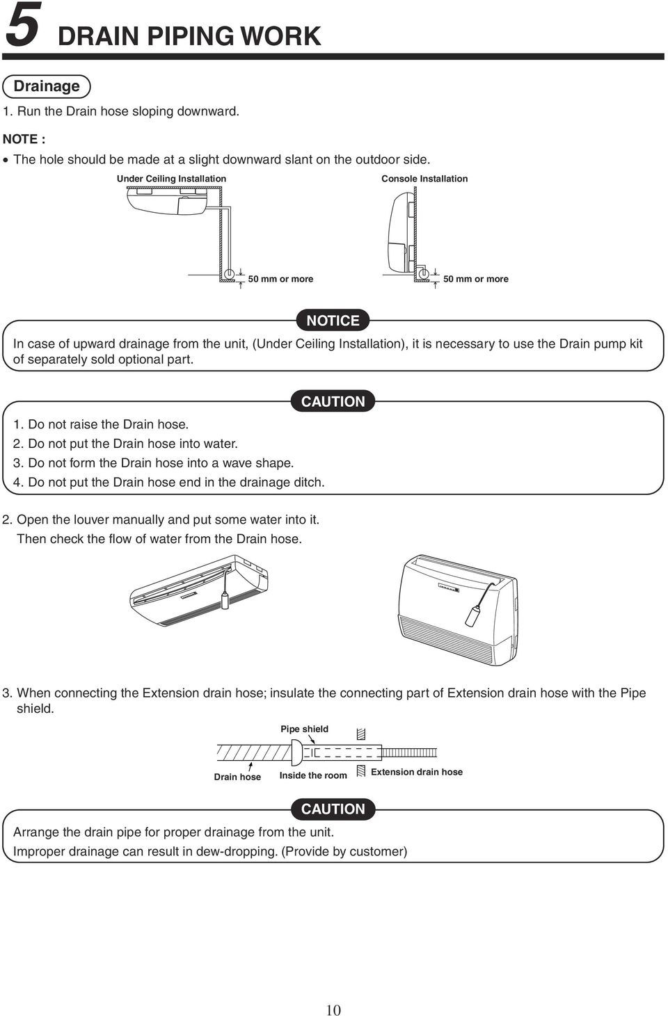 separately sold optional part. CAUTION 1. Do not raise the Drain hose. 2. Do not put the Drain hose into water. 3. Do not form the Drain hose into a wave shape. 4.