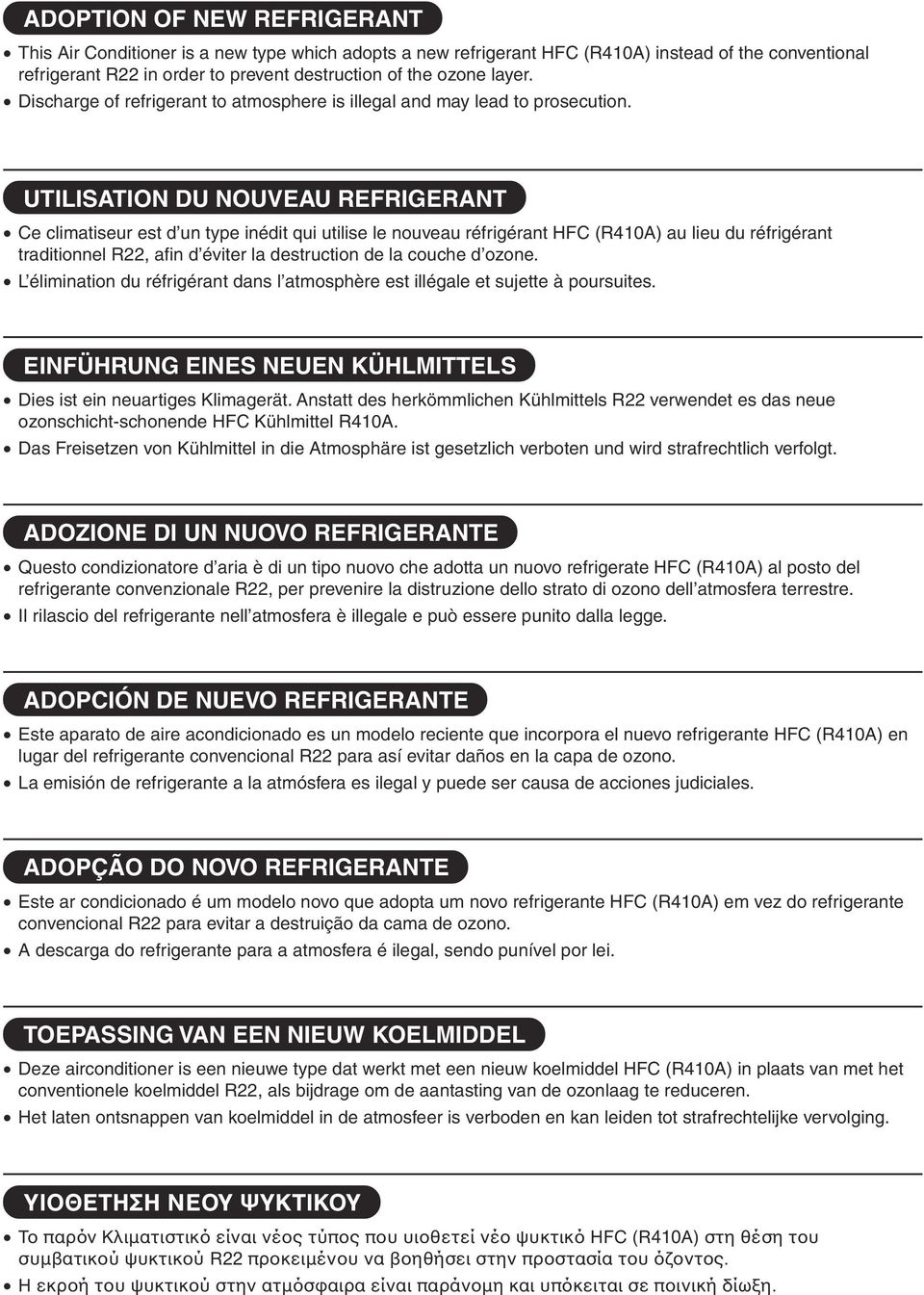 UTILISATION DU NOUVEAU REFRIGERANT Ce climatiseur est d un type inédit qui utilise le nouveau réfrigérant HFC (R410A) au lieu du réfrigérant traditionnel R22, afin d éviter la destruction de la