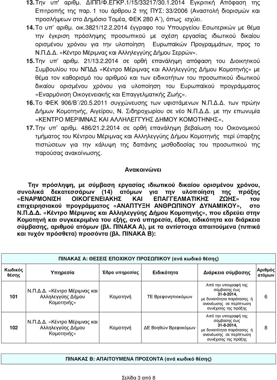 της ΠΥΣ: 33/2006 (Αναστολή διορισµών και προσλήψεων στο ηµόσιο Τοµέα, ΦΕΚ 280 Α ), όπως ισχύει. 14. Το υπ αριθµ. οικ.3821/12.2.2014 έγγραφο του Υπουργείου Εσωτερικών µε θέµα την έγκριση πρόσληψης προσωπικού µε σχέση εργασίας ιδιωτικού δικαίου ορισµένου χρόνου για την υλοποίηση Ευρωπαϊκών Προγραµµάτων, προς το Ν.