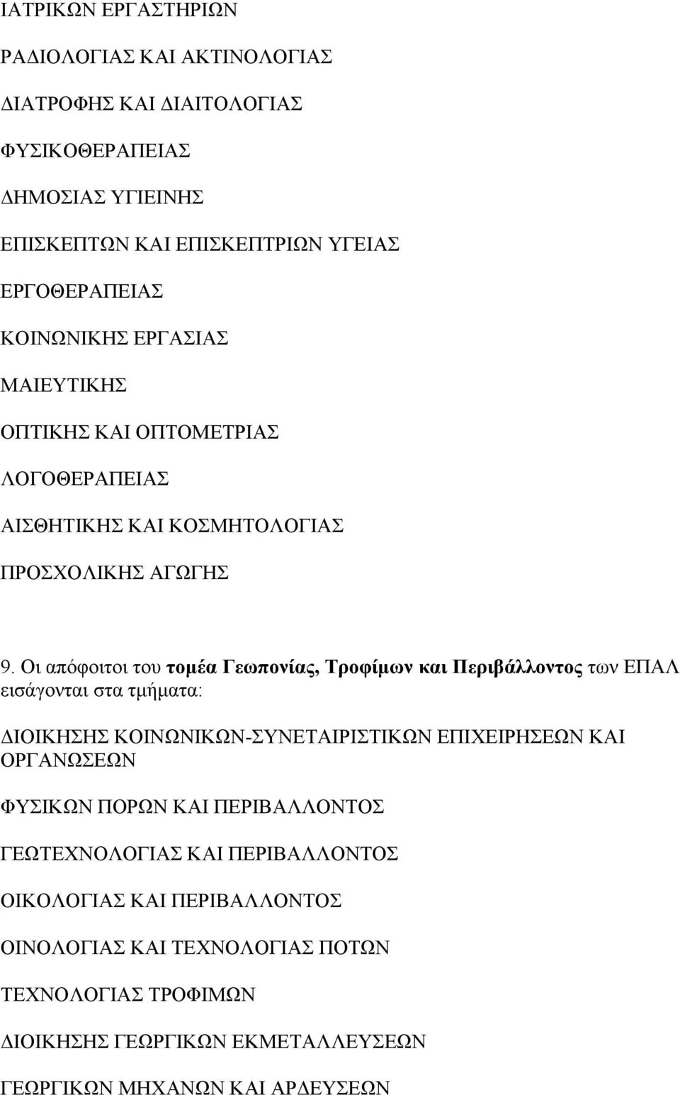 Οι απόφοιτοι του τομέα Γεωπονίας, Τροφίμων και Περιβάλλοντος των ΕΠΑΛ εισάγονται στα τμήματα: ΔΙΟΙΚΗΣΗΣ ΚΟΙΝΩΝΙΚΩΝ-ΣΥΝΕΤΑΙΡΙΣΤΙΚΩΝ ΕΠΙΧΕΙΡΗΣΕΩΝ ΚΑΙ ΟΡΓΑΝΩΣΕΩΝ