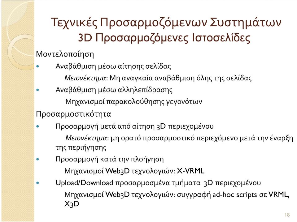 3D περιεχομένου Μειονέκτημα: μη ορατό προσαρμοστικό περιεχόμενο μετά την έναρξη της περιήγησης Προσαρμογή κατά την πλοήγηση Μηχανισμοί Web3D