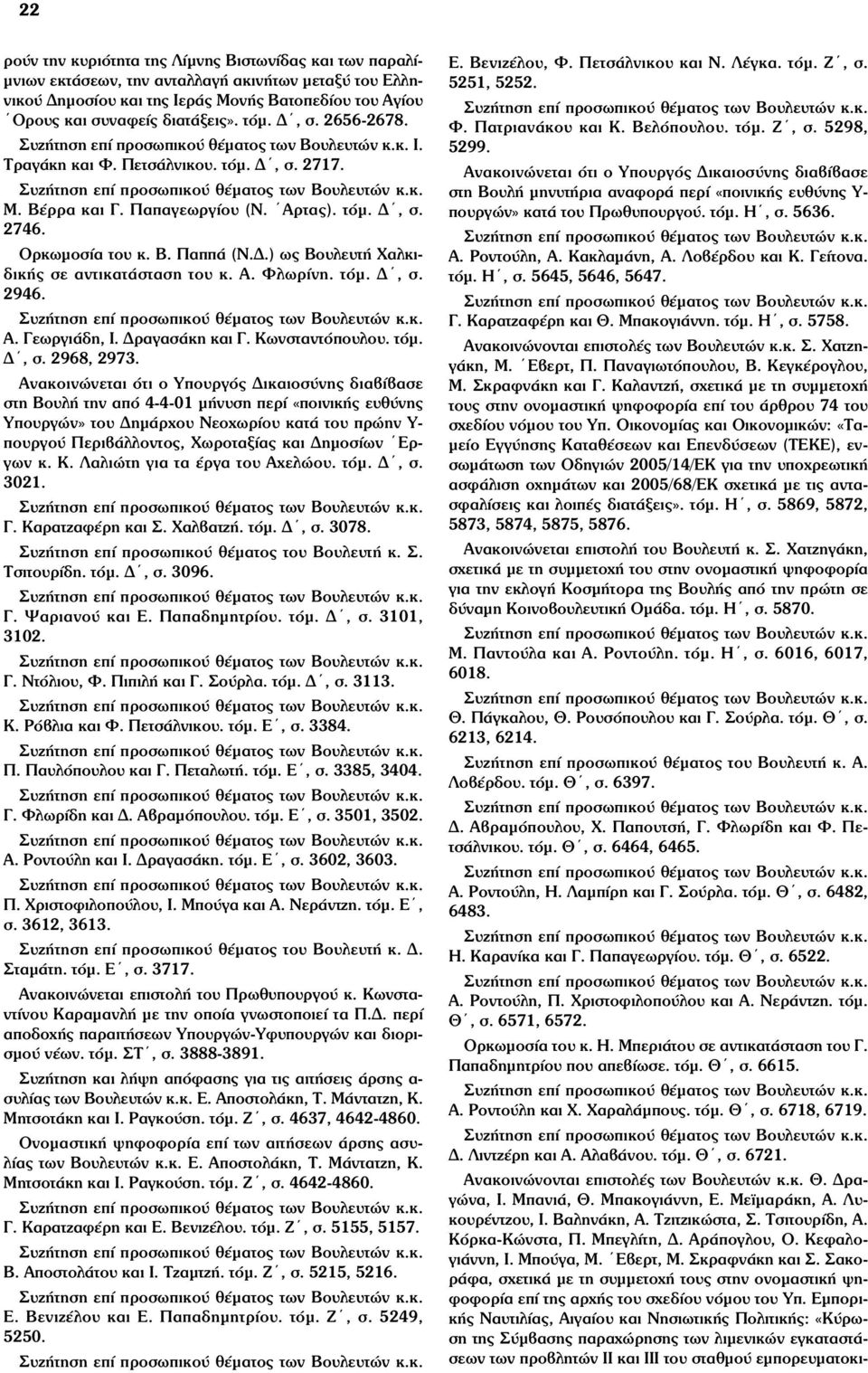 Παπαγεωργίου (Ν. Αρτας). τόµ. Δ, σ. 2746. Ορκωµοσία του κ. Β. Παππά (Ν.Δ.) ως Βουλευτή Χαλκιδικής σε αντικατάσταση του κ. Α. Φλωρίνη. τόµ. Δ, σ. 2946. Συζήτηση επί προσωπικού θέµατος των Βουλευτών κ.