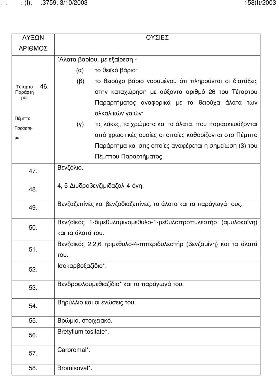 θειούχα άλατα των αλκαλικών γαιών (γ) τις λάκες, τα χρώματα και τα άλατα, που παρασκευάζονται από χρωστικές ουσίες οι οποίες καθορίζονται στο Πέμπτο Παράρτημα και στις οποίες αναφέρεται η σημείωση