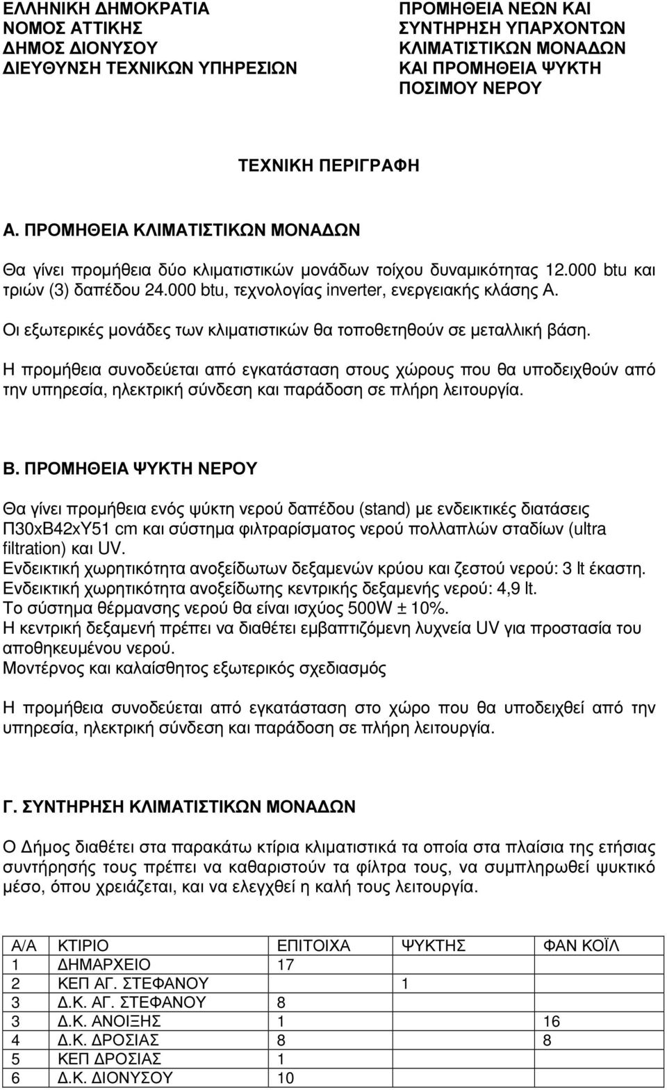 Η προµήθεια συνοδεύεται από εγκατάσταση στους χώρους που θα υποδειχθούν από την υπηρεσία, ηλεκτρική σύνδεση και παράδοση σε πλήρη λειτουργία. Β.