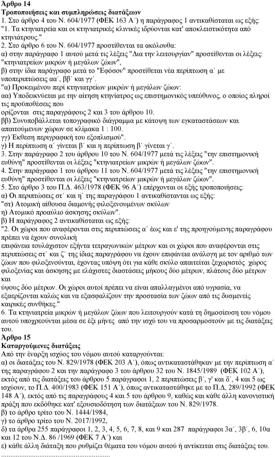 604/1977 προστίθενται τα ακόλουθα: α) στην παράγραφο 1 αυτού µετά τις λέξεις " ια την λειτουργίαν" προστίθενται οι λέξεις: "κτηνιατρείων µικρών ή µεγάλων ζώων", β) στην ίδια παράγραφο µετά το