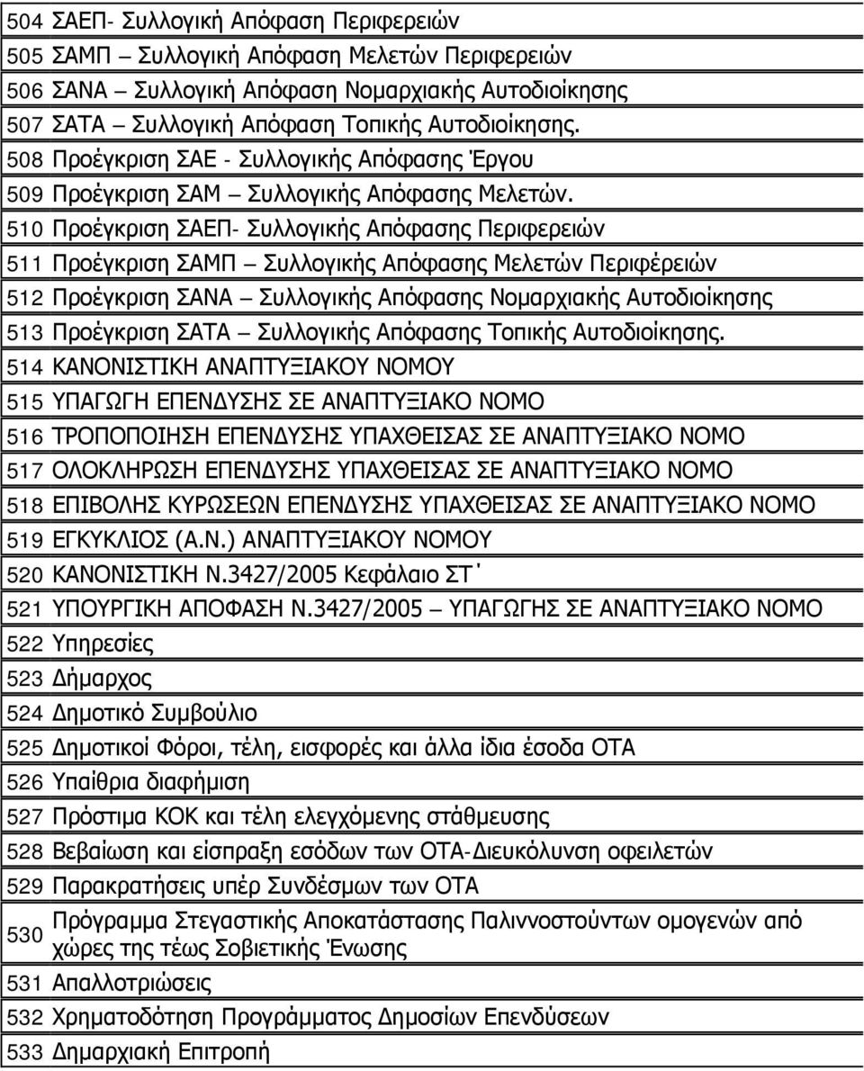 510 Προέγκριση ΣΑΕΠ- Συλλογικής Απόφασης Περιφερειών 511 Προέγκριση ΣΑΜΠ Συλλογικής Απόφασης Μελετών Περιφέρειών 512 Προέγκριση ΣΑΝΑ Συλλογικής Απόφασης Νομαρχιακής Αυτοδιοίκησης 513 Προέγκριση ΣΑΤΑ