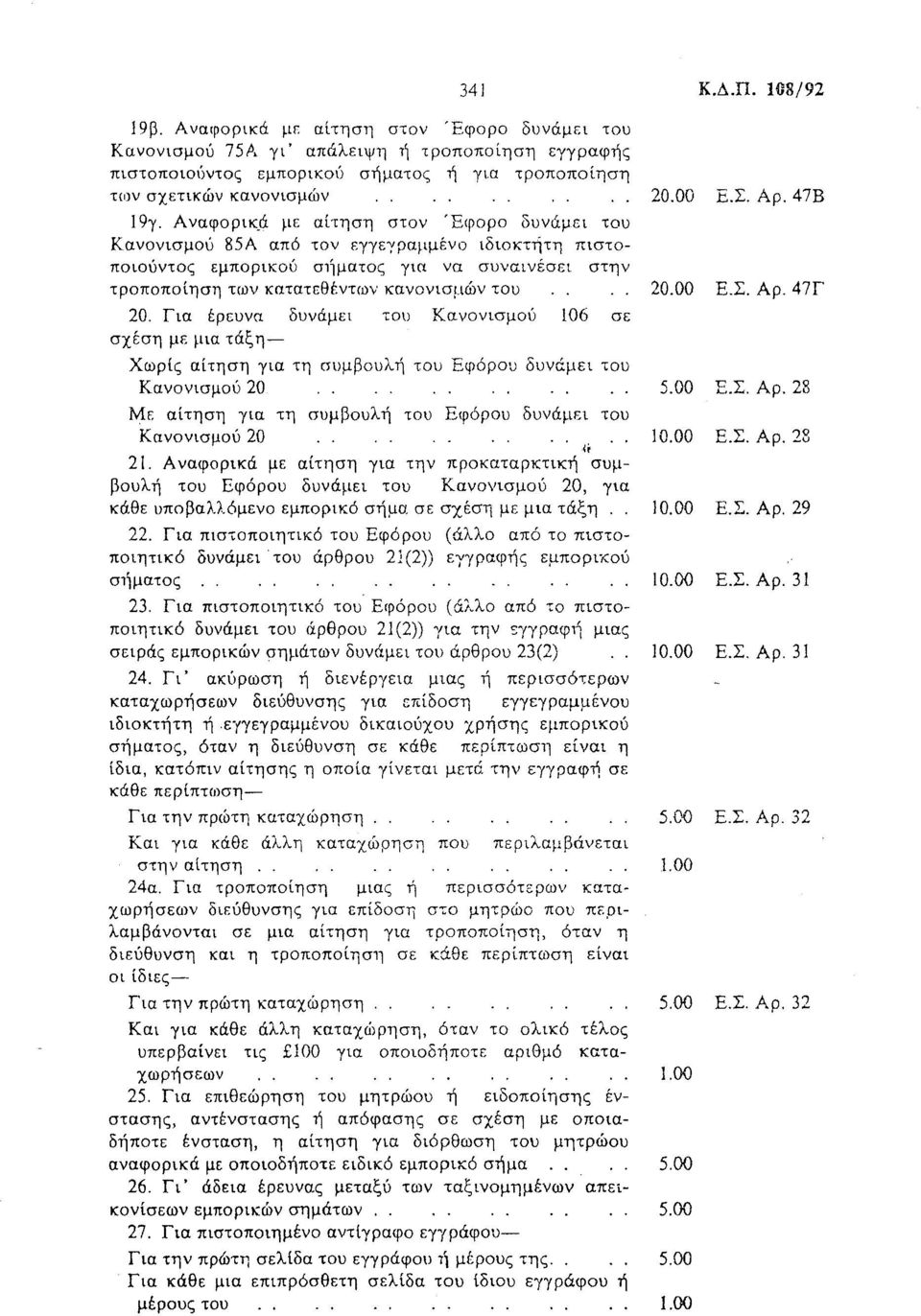 ά με αίτηση στον Έφορο δυνάμει του Κανονισμού 85Α από τον εγγεγραμμένο ιδιοκτήτη πιστοποιούντος εμπορικού σι1ματος για να συναινέσει στην τροποποίηση των κατατεθέντων κανονισμών του 20.00 Ε.Σ. Αρ.