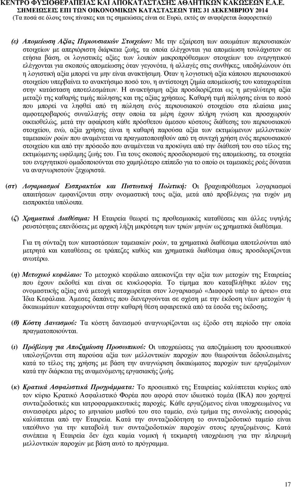 ανακτήσιμη. Όταν η λογιστική αξία κάποιου περιουσιακού στοιχείου υπερβαίνει το ανακτήσιμο ποσό του, η αντίστοιχη ζημία απομείωσής του καταχωρείται στην κατάσταση αποτελεσμάτων.