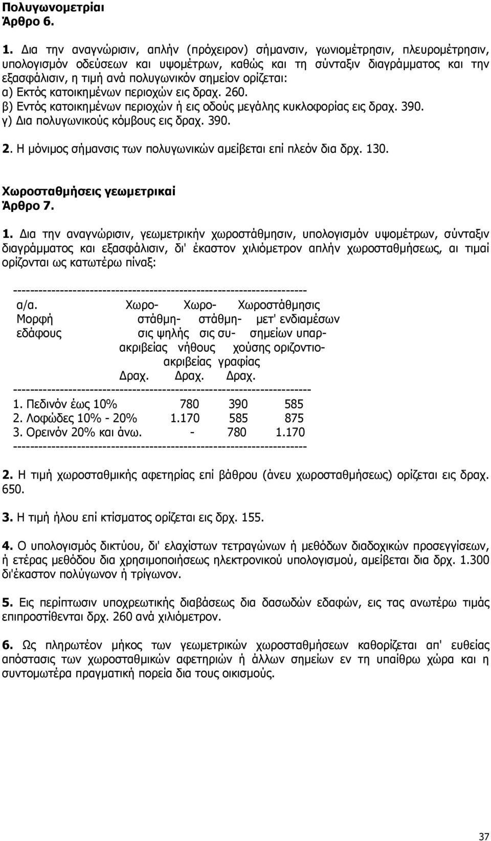 σηµείον ορίζεται: α) Εκτός κατοικηµένων περιοχών εις δραχ. 260. β) Εντός κατοικηµένων περιοχών ή εις οδούς µεγάλης κυκλοφορίας εις δραχ. 390. γ) ια πολυγωνικούς κόµβους εις δραχ. 390. 2. Η µόνιµος σήµανσις των πολυγωνικών αµείβεται επί πλεόν δια δρχ.