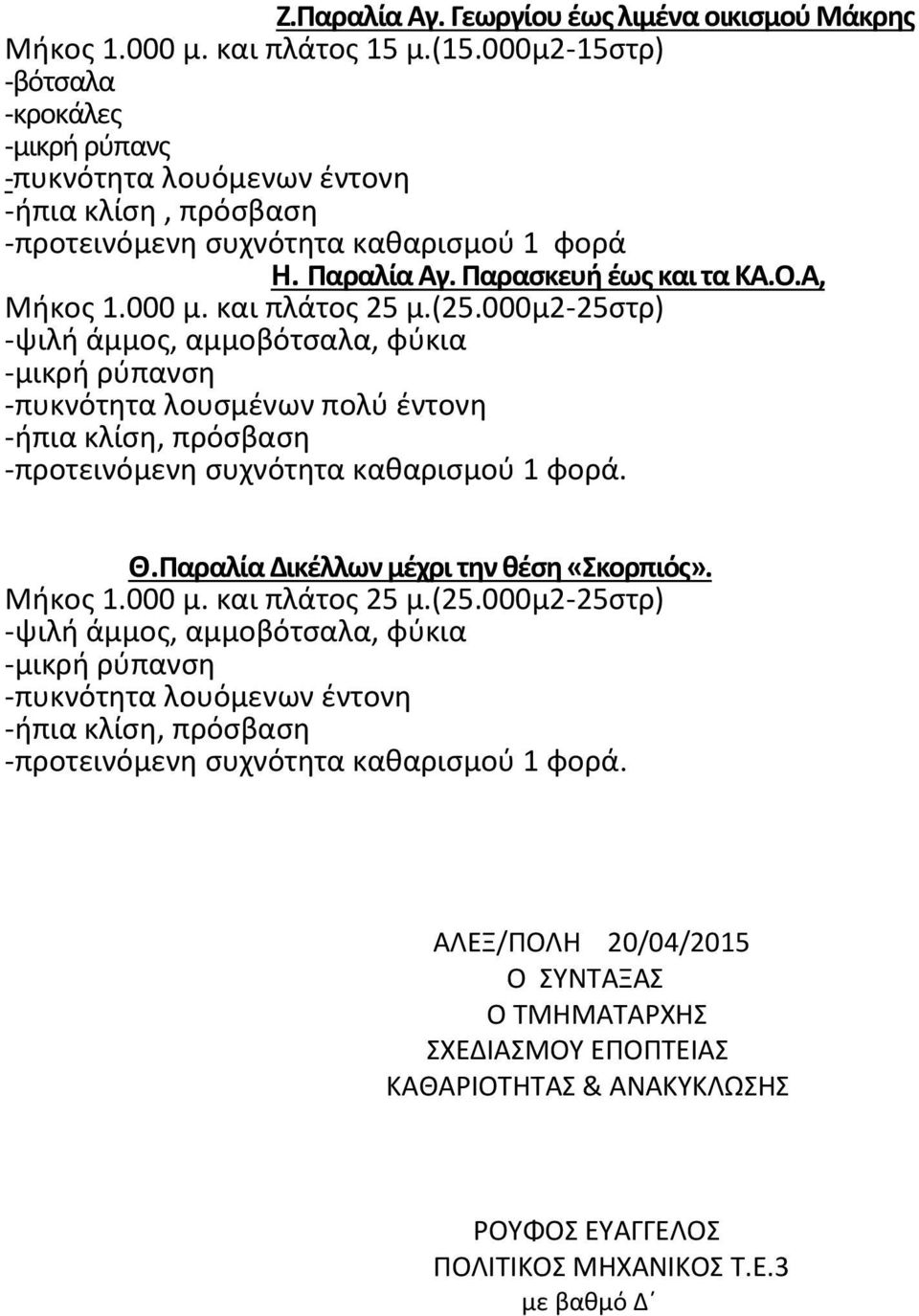 Παρασκευή έως και τα ΚΑ.Ο.Α, Μήκος 1.000 μ. και πλάτος 25 μ.(25.000μ2-25στρ) -ψιλή άμμος, αμμοβότσαλα, φύκια -πυκνότητα λουσμένων πολύ έντονη -ήπια κλίση, πρόσβαση Θ.