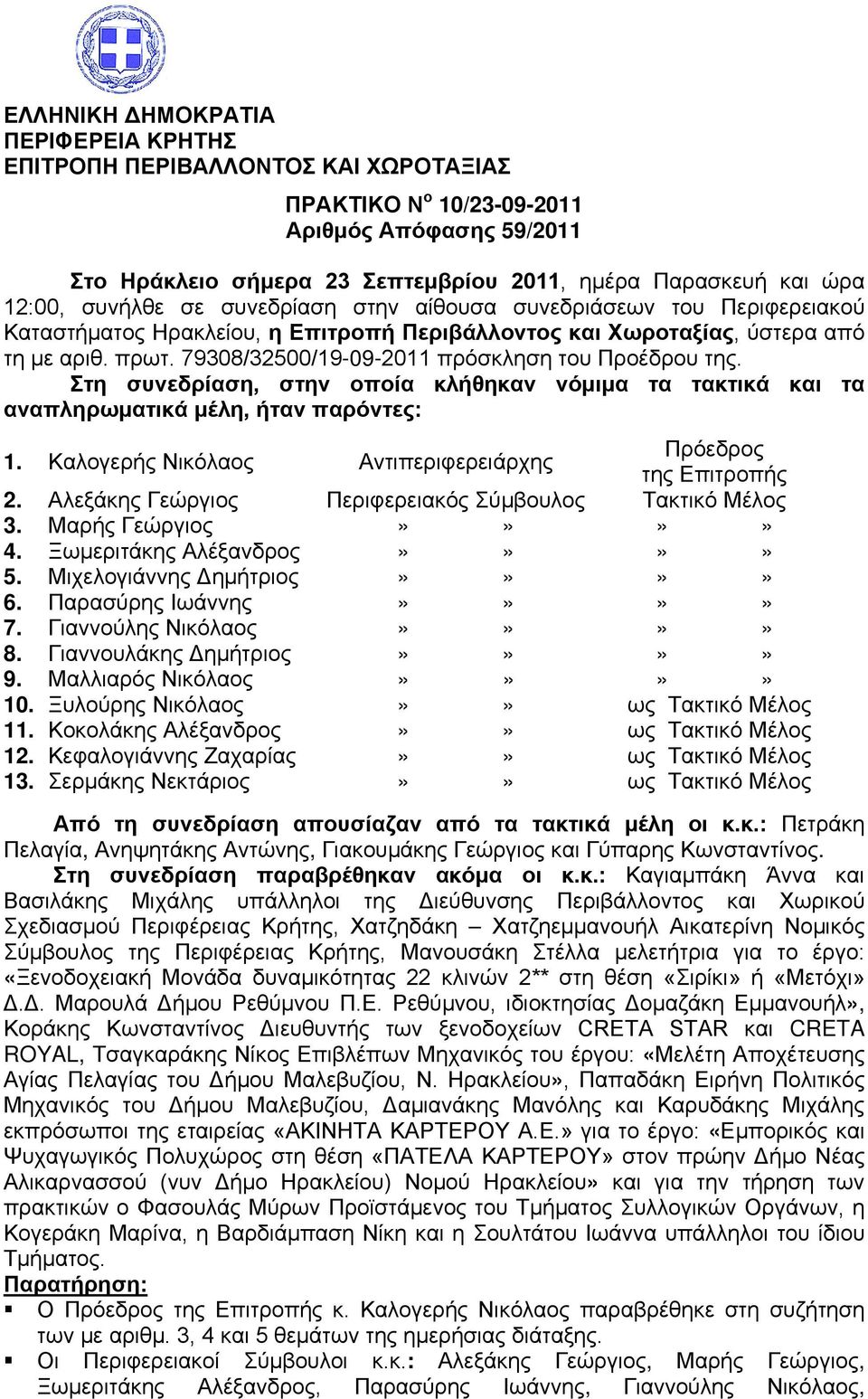 79308/32500/19-09-2011 πρόσκληση του Προέδρου της. Στη συνεδρίαση, στην οποία κλήθηκαν νόμιμα τα τακτικά και τα αναπληρωματικά μέλη, ήταν παρόντες: 1.