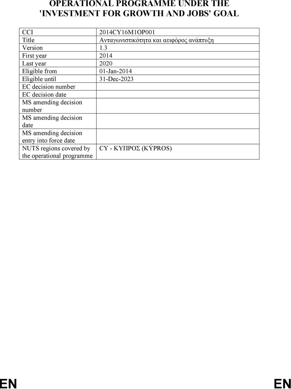 3 First year 2014 Last year 2020 Eligible from 01-Jan-2014 Eligible until 31-Dec-2023 EC decision number EC