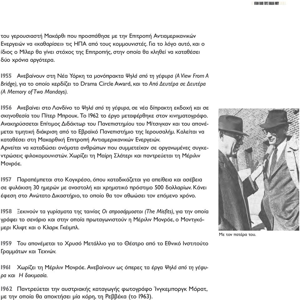 1955 Ανεβαίνουν στη Νέα Υόρκη τα μονόπρακτα Ψηλά από τη γέφυρα (A View From A Bridge), για το οποίο κερδίζει το Drama Circle Award, και το Από Δευτέρα σε Δευτέρα (A Memory of Two Mondays).