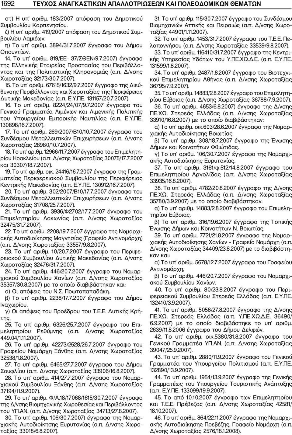 π. Δ/νσης Χωροταξίας 32173/30.7.2007). 15. Το υπ αριθμ. 67615/1632/9.7.2007 έγγραφο της Διεύ θυνσης Περιβάλλοντος και Χωροταξίας της Περιφέρειας Δυτικής Μακεδονίας (α.π. Ε.Υ.ΠΕ. 131157/20.7.2007). 16.