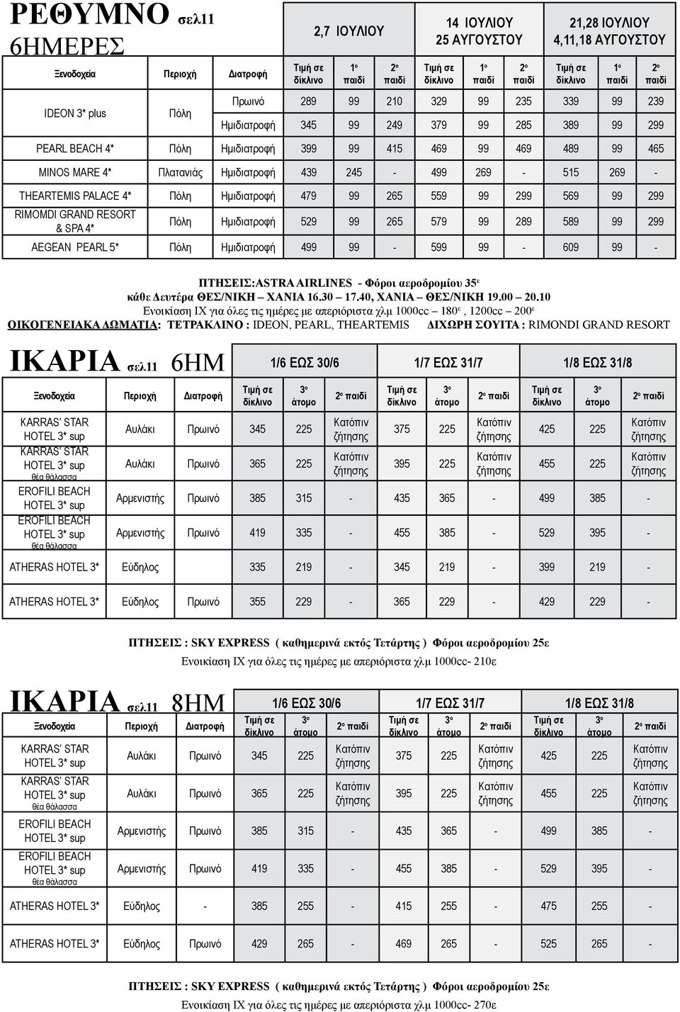 Hμιδιατροφή 4 5 609 ΠΤΗΣΕΙΣ:ASTRA AIRLINES Φόροι αεροδρομίου 35 ε κάθε Δευτέρα ΘΕΣ/ΝΙΚΗ ΧΑΝΙΑ 16.30 17.40, ΧΑΝΙΑ ΘΕΣ/ΝΙΚΗ 19.00 20.