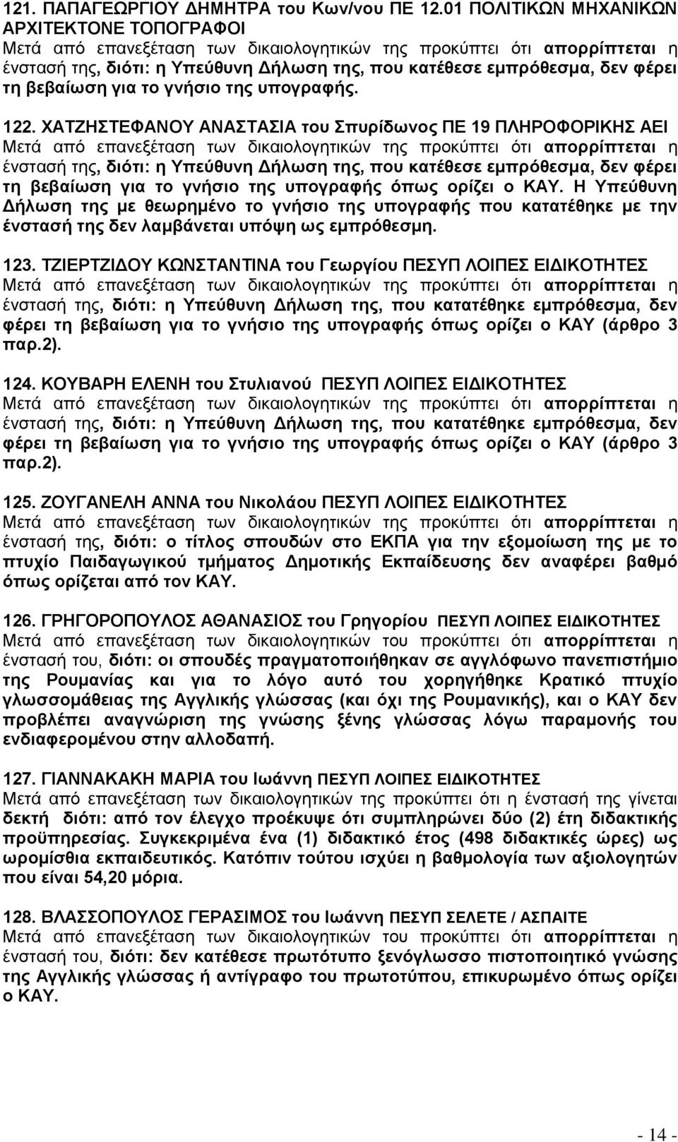 ΥΑΣΕΖΣΔΦΑΝΟΤ ΑΝΑΣΑΗΑ ηνπ ππξέδσλνο ΠΔ 19 ΠΛΖΡΟΦΟΡΗΚΖ ΑΔΗ ένζηαζή ηηρ, δηόηη: ε Τπεύζπλε Γάισζε ηεο, πνπ θαηϋζεζε εκπξόζεζκα, δελ θϋξεη ηε βεβαέσζε γηα ην γλάζην ηεο ππνγξαθάο όπσο νξέδεη ν ΚΑΤ.
