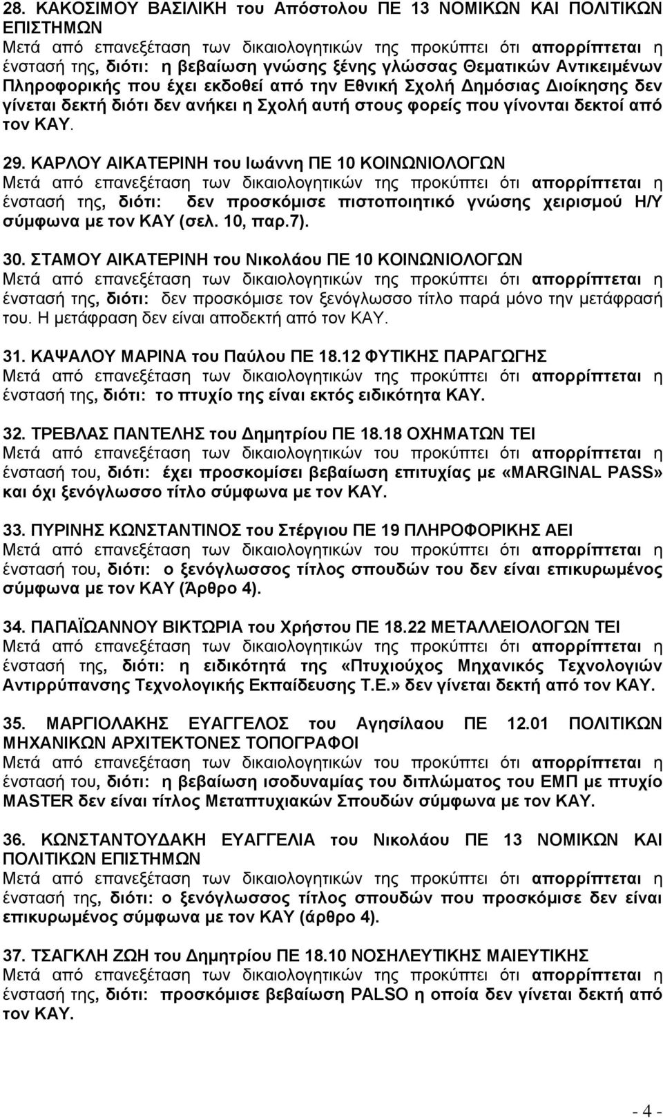 ΚΑΡΛΟΤ ΑΗΚΑΣΔΡΗΝΖ ηνπ ΗσΪλλε ΠΔ 10 ΚΟΗΝΧΝΗΟΛΟΓΧΝ ένζηαζή ηηρ, δηόηη: δελ πξνζθόκηζε πηζηνπνηεηηθό γλώζεο ρεηξηζκνύ Ζ/Τ ζύκθσλα κε ηνλ ΚΑΤ (ζει. 10, παξ.7). 30.