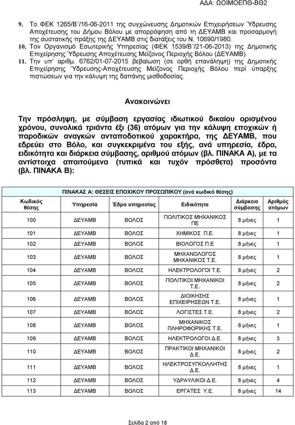 6762/01-07-2015 βεβαίωση (σε ορθή επανάληψη) της Δημοτικής Επιχείρησης Ύδρευσης-Αποχέτευσης Μείζονος Περιοχής Βόλου περί ύπαρξης πιστώσεων για την κάλυψη της δαπάνης μισθοδοσίας.