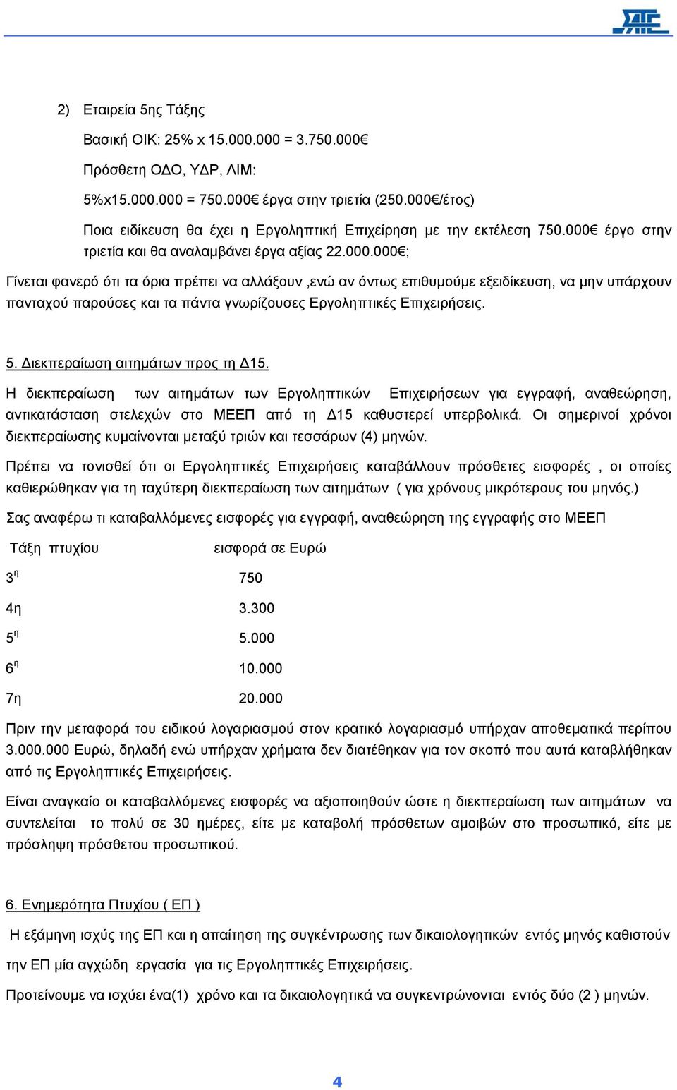 5. ιεκπεραίωση αιτηµάτων προς τη 15. Η διεκπεραίωση των αιτηµάτων των Εργοληπτικών Επιχειρήσεων για εγγραφή, αναθεώρηση, αντικατάσταση στελεχών στο ΜΕΕΠ από τη 15 καθυστερεί υπερβολικά.